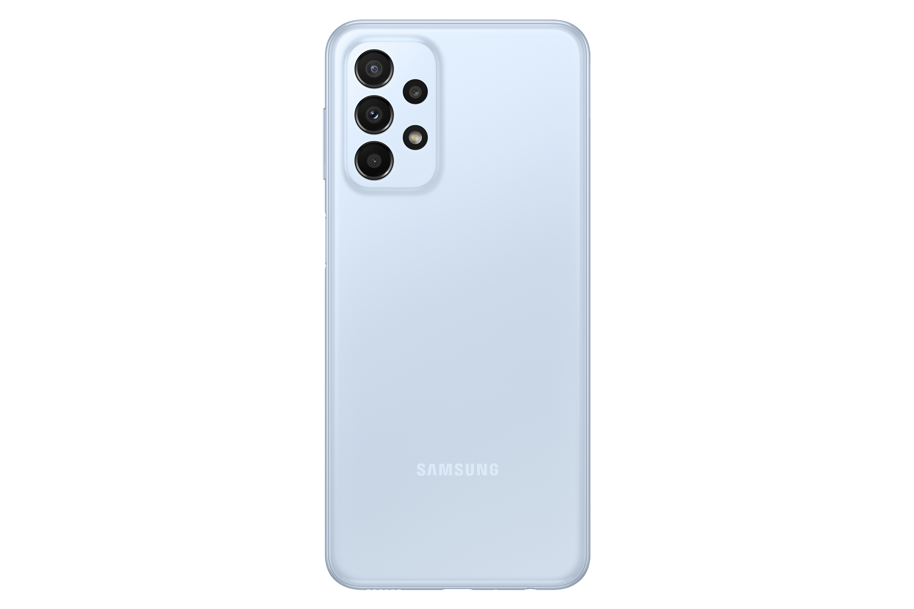 Tył jasnoniebieskiego telefonu Samsung. Trzy kamery ułożone pionowo. Logo Samsung na dole.