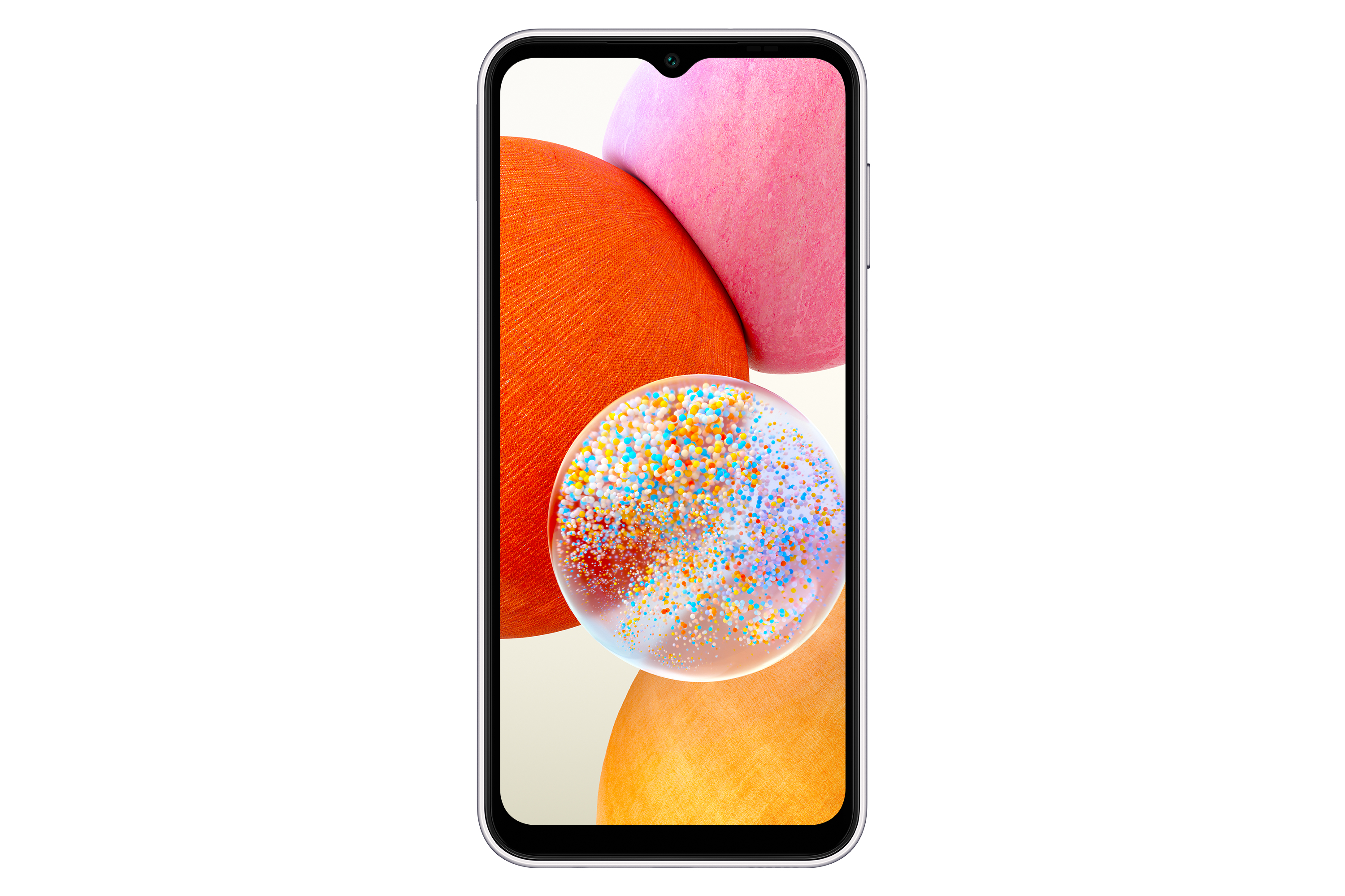 Smartphone mit Display, das abstrakte Formen in Orange, Rosa und Weiß zeigt.