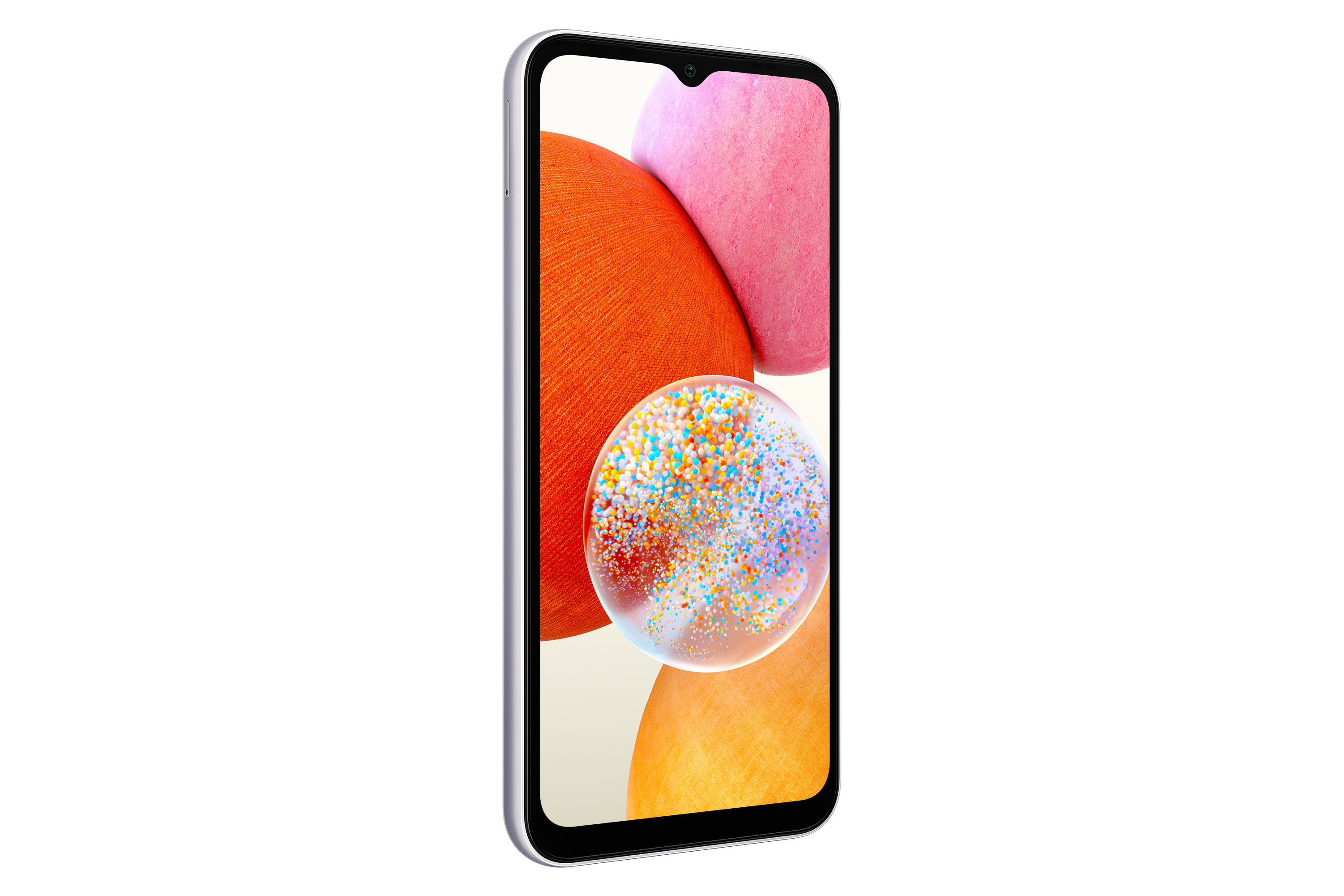 Samsung-Telefon mit abstrakter Kunst in Orange, Pink und Blau. Weißer Hintergrund.