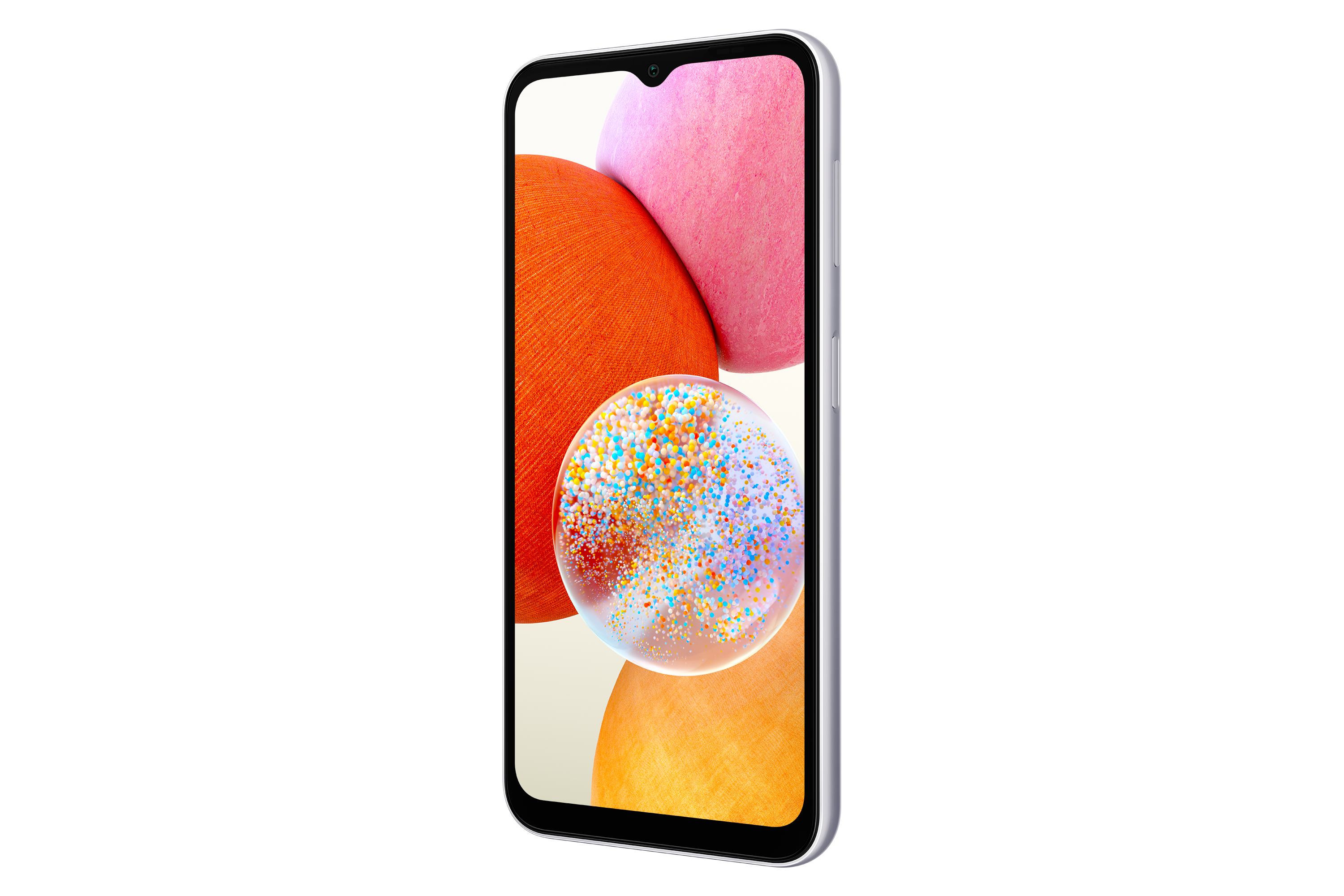 Smartphone mit Display, das abstrakte Formen in Orange, Rosa und Weiß zeigt.