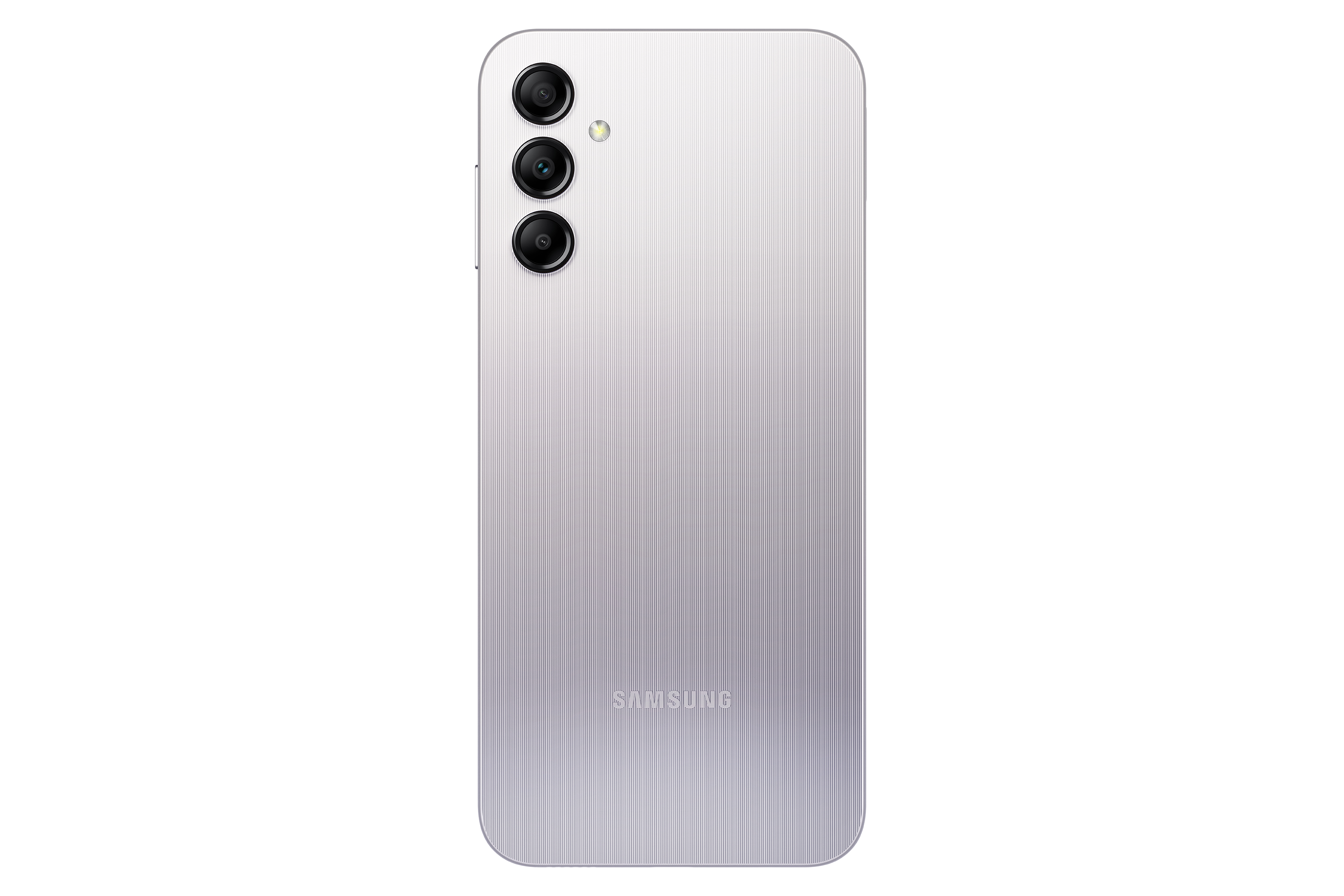 Rückansicht eines silbernen Smartphones mit drei vertikal ausgerichteten Kameras und Samsung Logo.