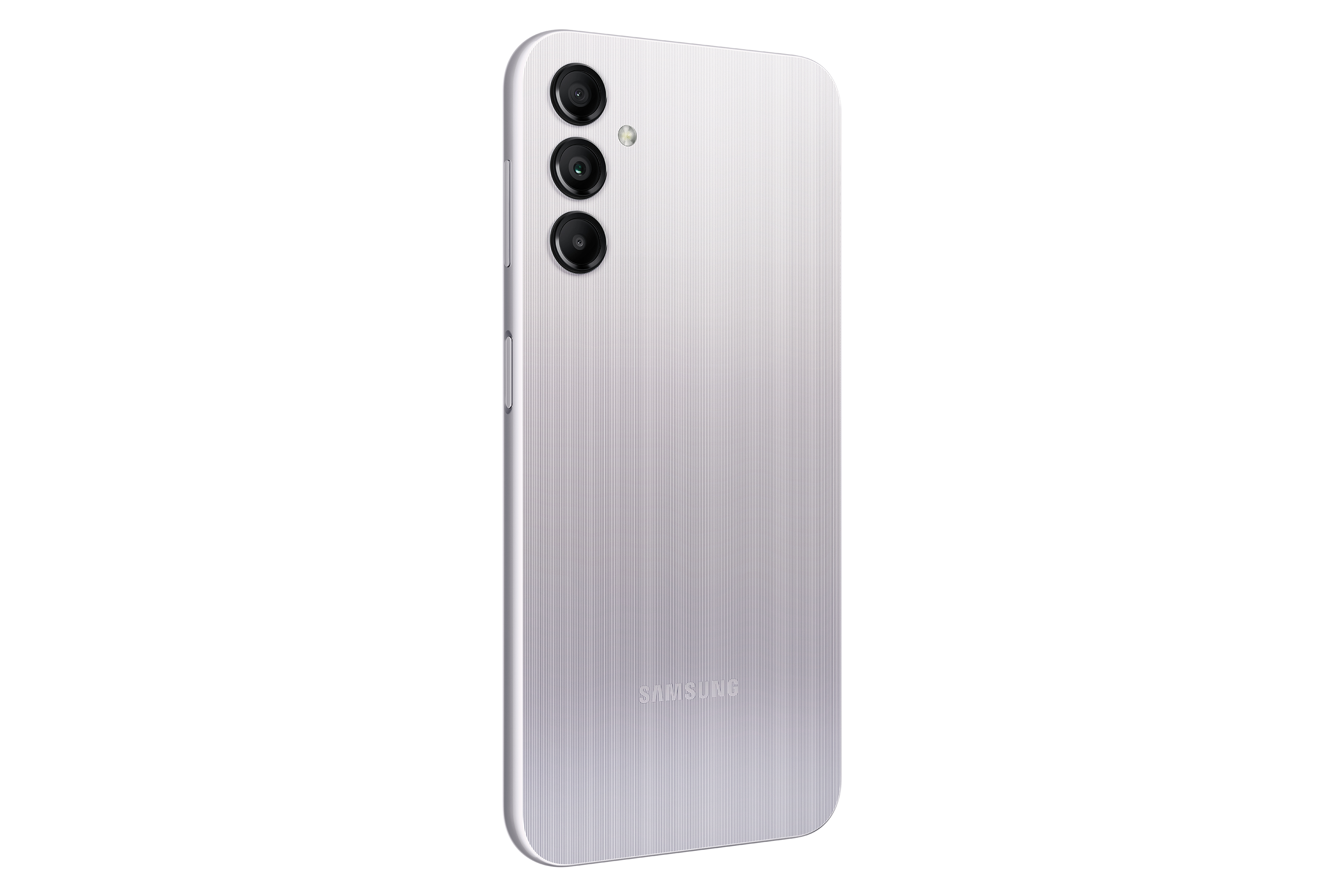 Rückseite eines silbernen Smartphones mit drei Kameralinsen und Samsung-Logo.