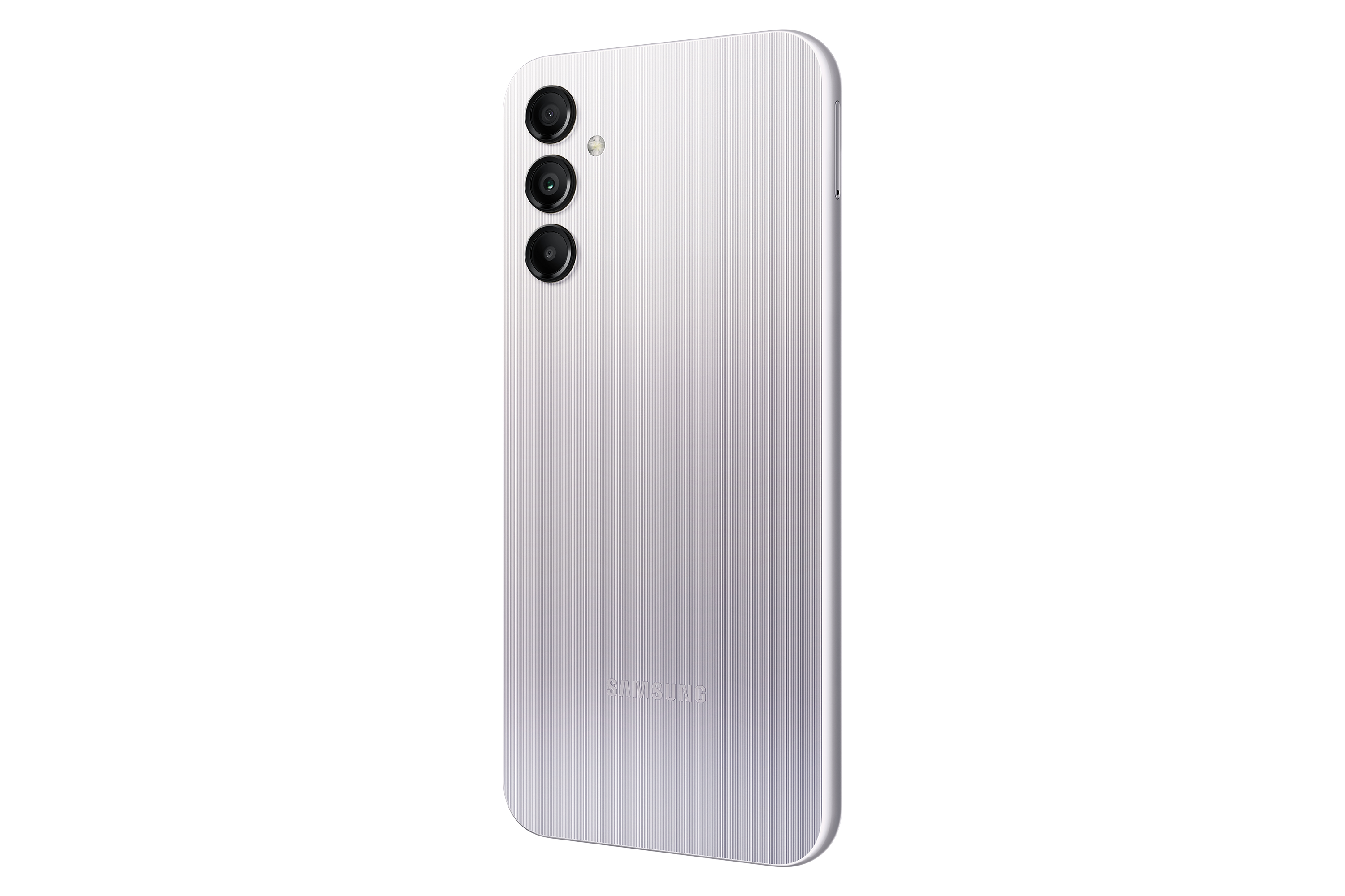 Rückseite eines silbernen Samsung-Telefons. Drei Kameras sind vertikal ausgerichtet. Das Samsung-Logo befindet sich unter den Kameras.