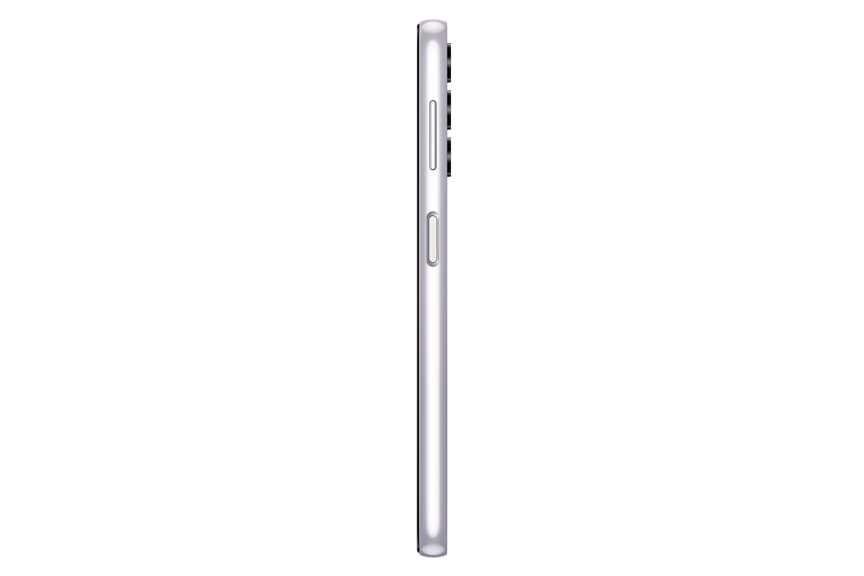 Seitenansicht eines lilafarbenen Telefons. Das Telefon ist schlank und hat eine Einschalttaste.