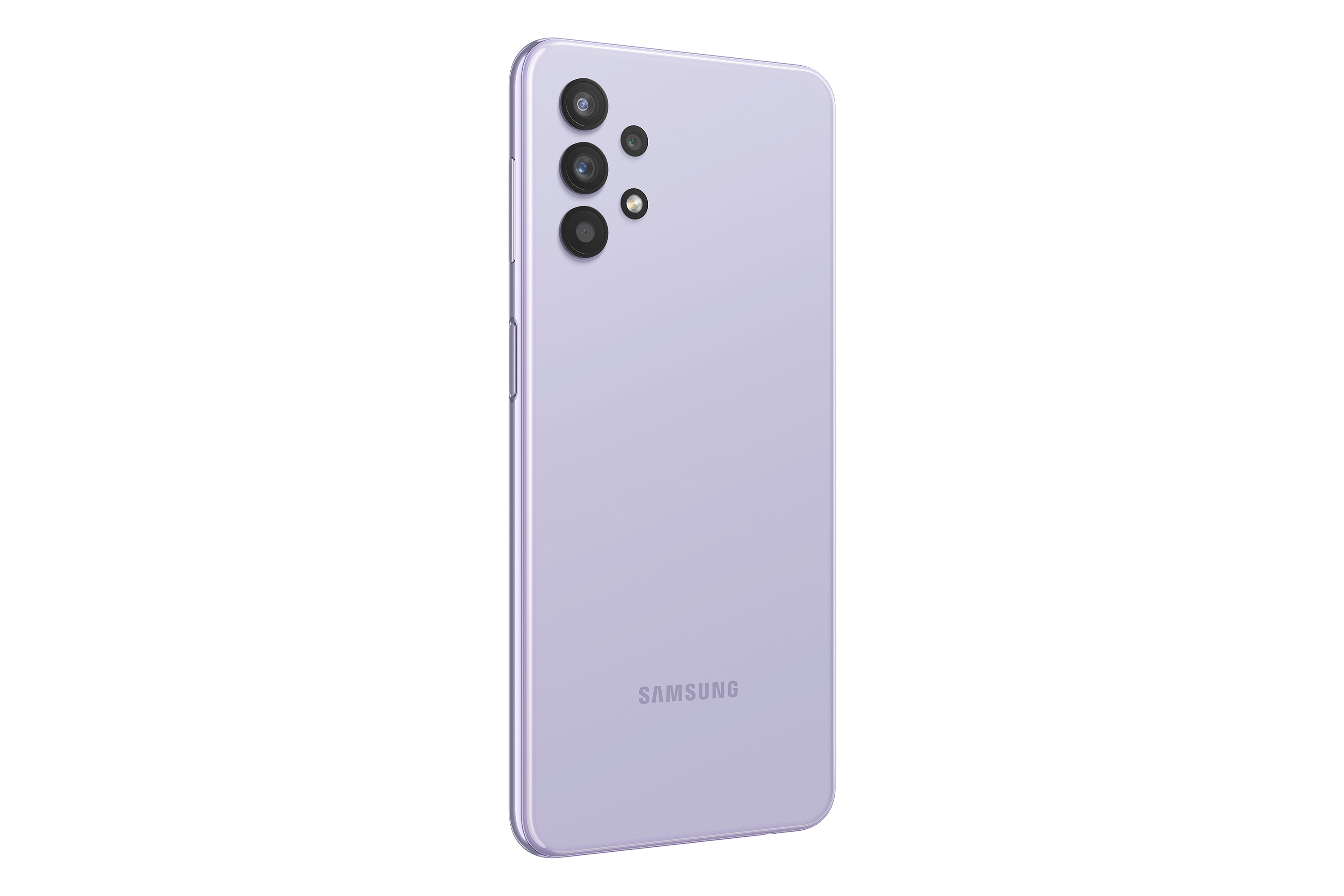 Rückseite eines lila Samsung-Telefons mit Kameramodul auf weißem Hintergrund.