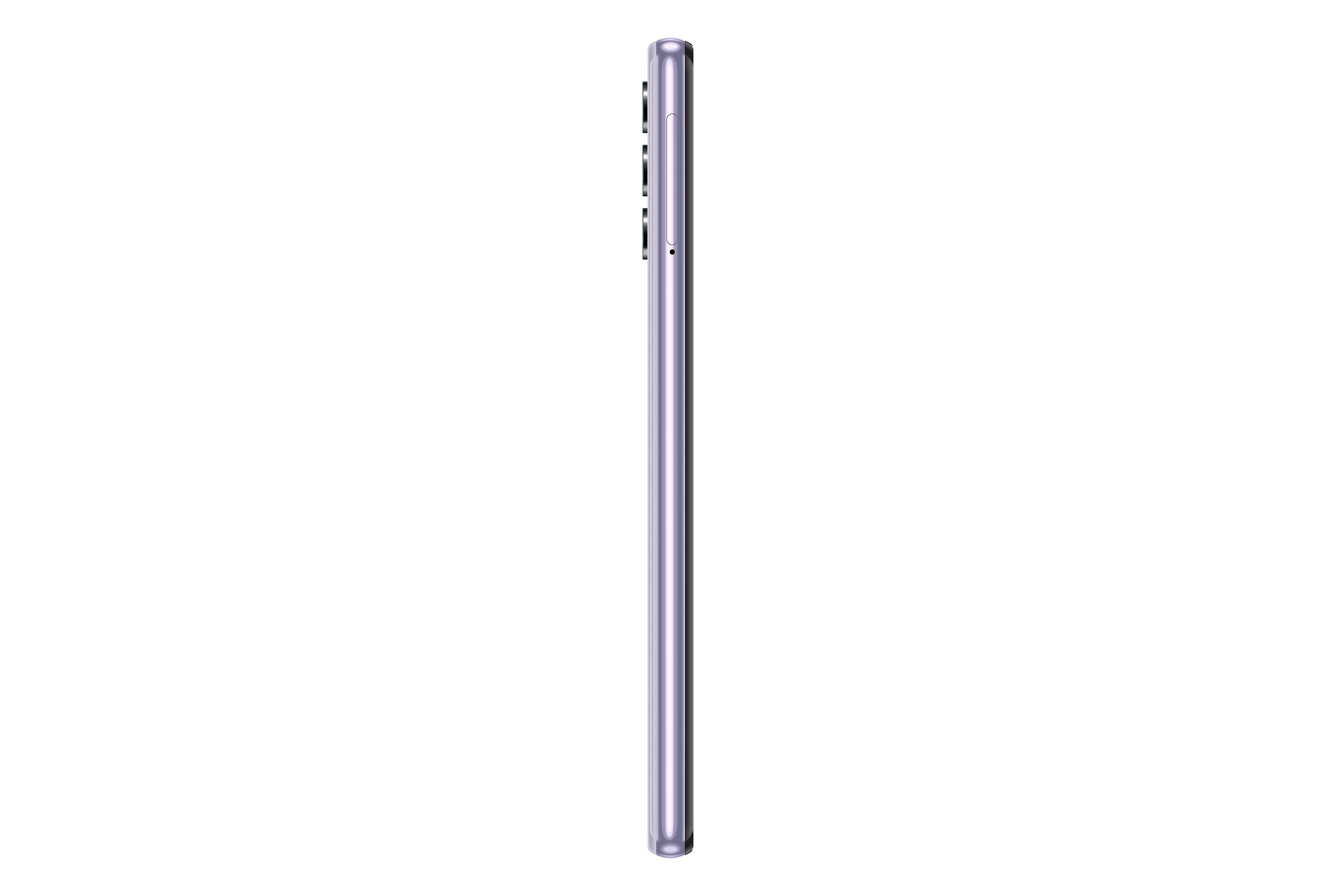 Ein lila Smartphone, von der Seite betrachtet, zeigt ein dünnes Profil vor weißem Hintergrund.