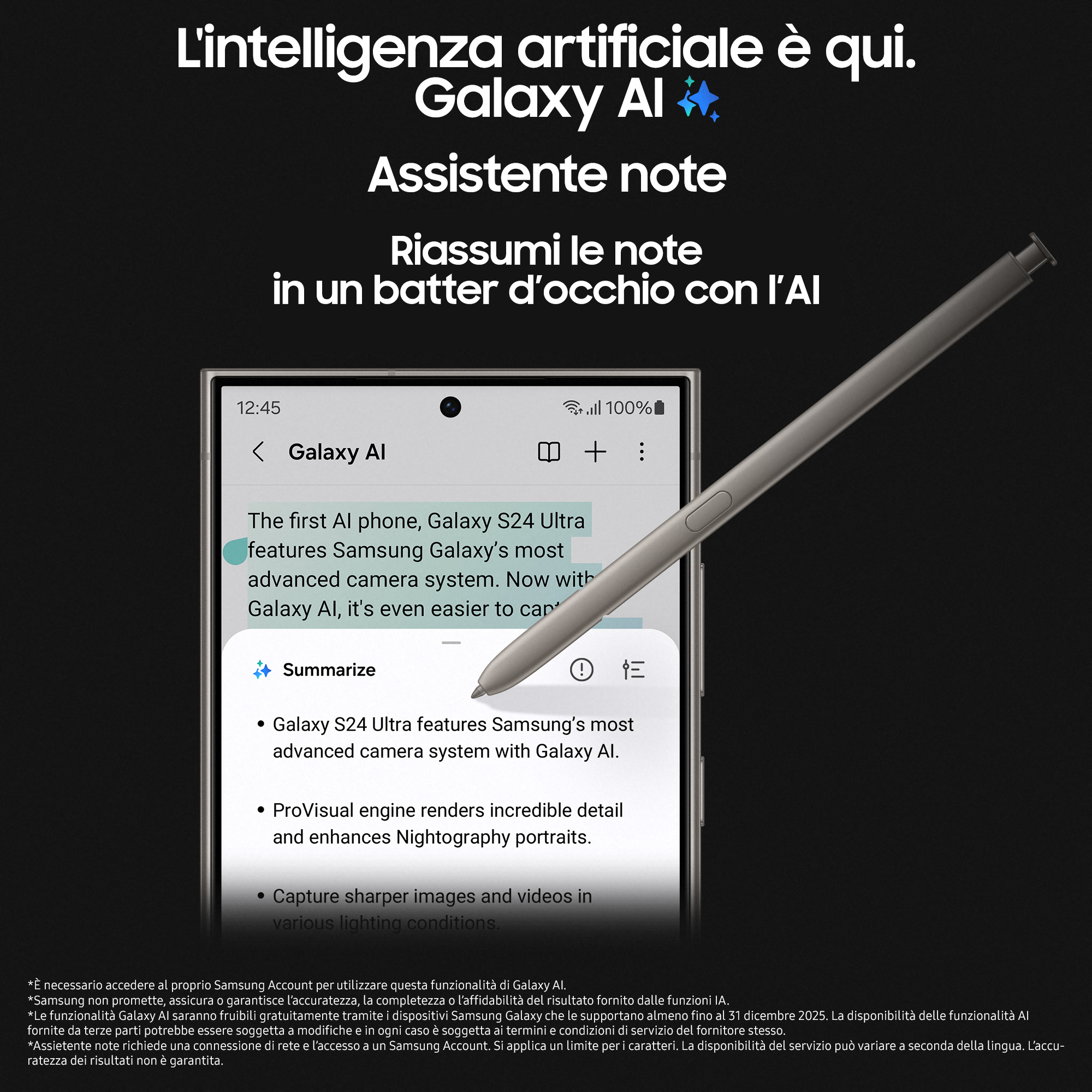 Ekran smartfona i rysik. Tekst: Galaxy AI, notatka asystenta, podsumuj notatki w mgnieniu oka.