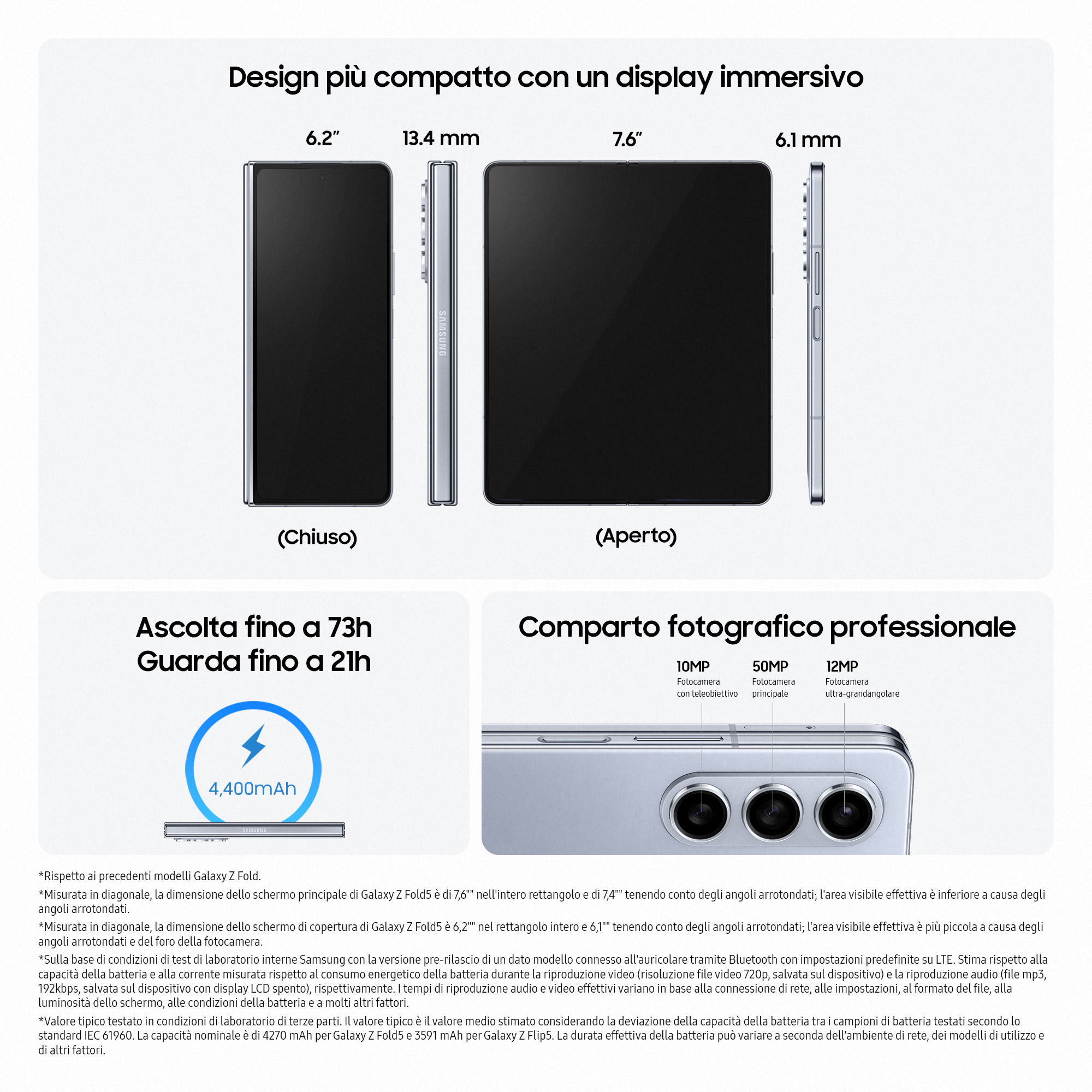 Faltbares Telefondesign. Oben werden geschlossene und offene Ansichten mit Abmessungen gezeigt.