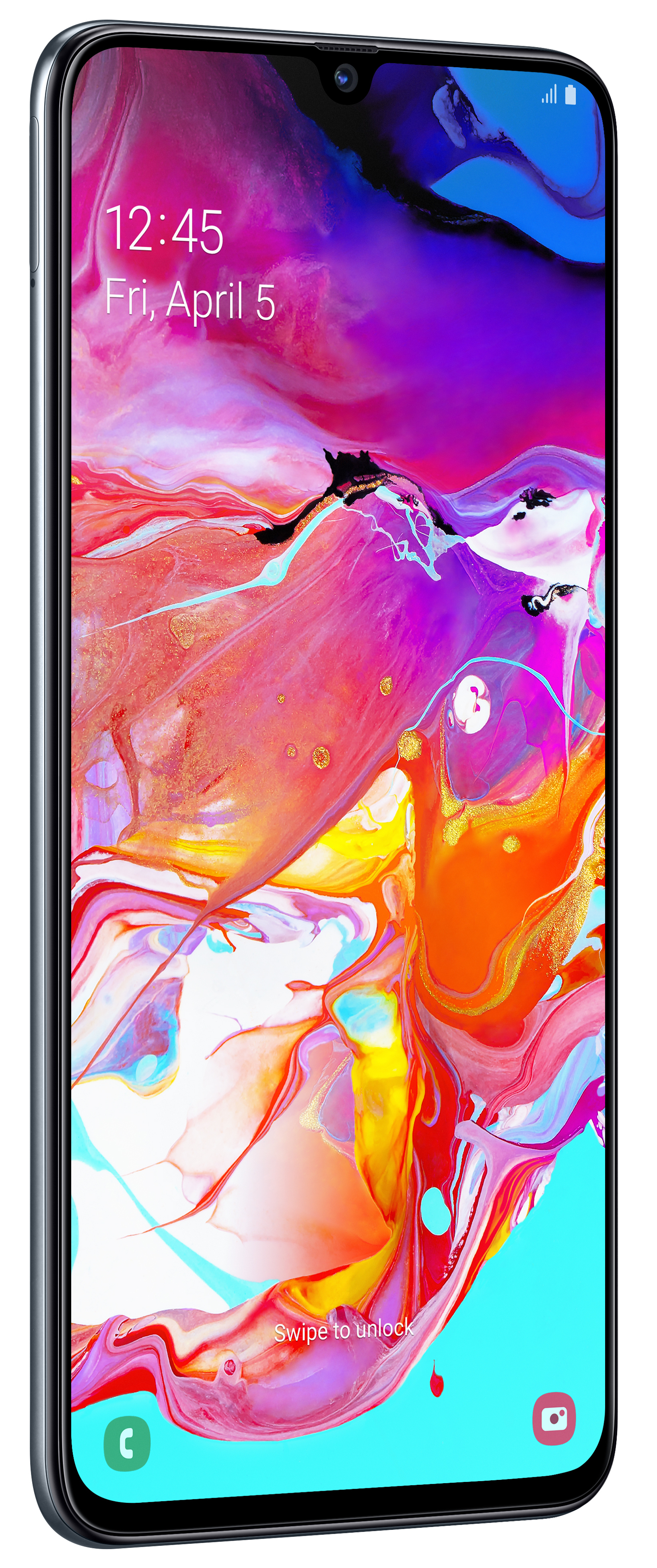 Smartfon z kolorowym wyświetlaczem, pokazujący godzinę i datę, na białym tle.