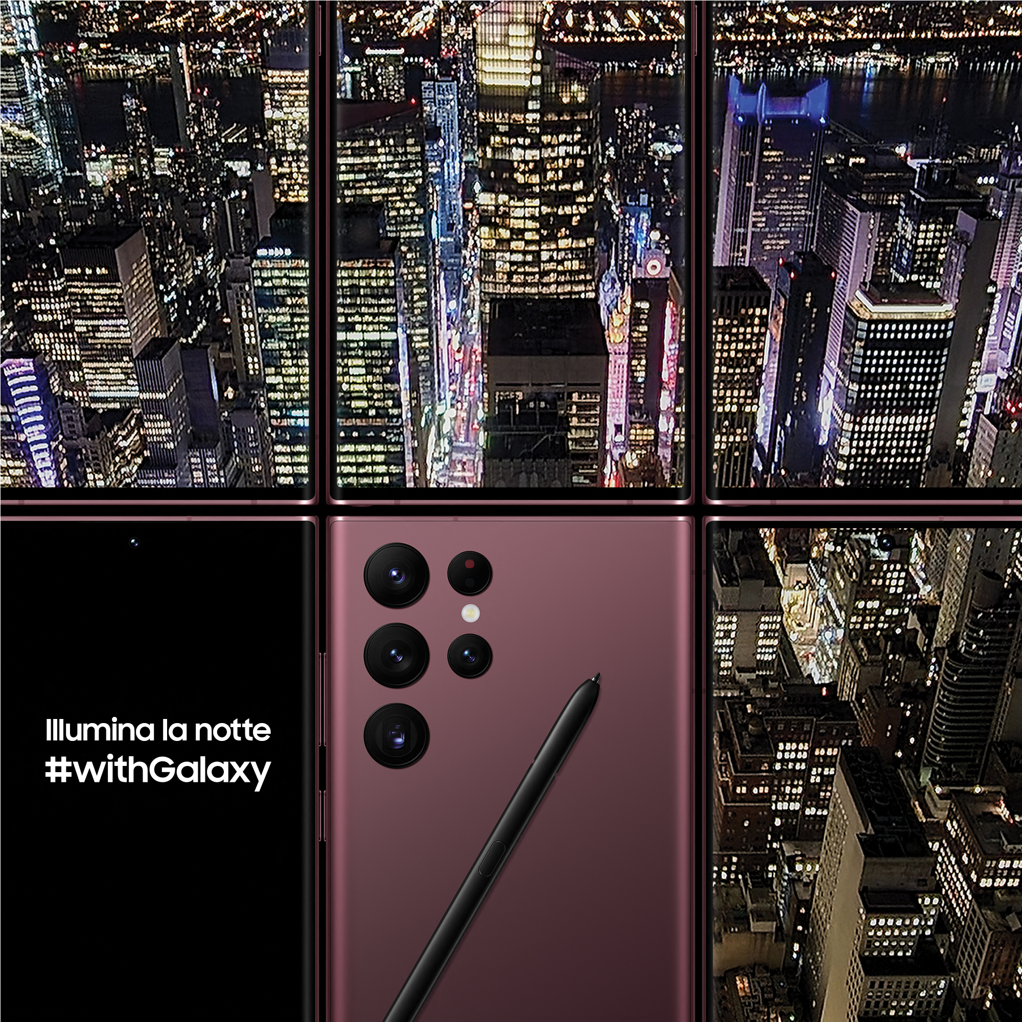Ein Telefon mit Stift und Stadtlandschaft im Hintergrund, das das Telefon bewirbt.