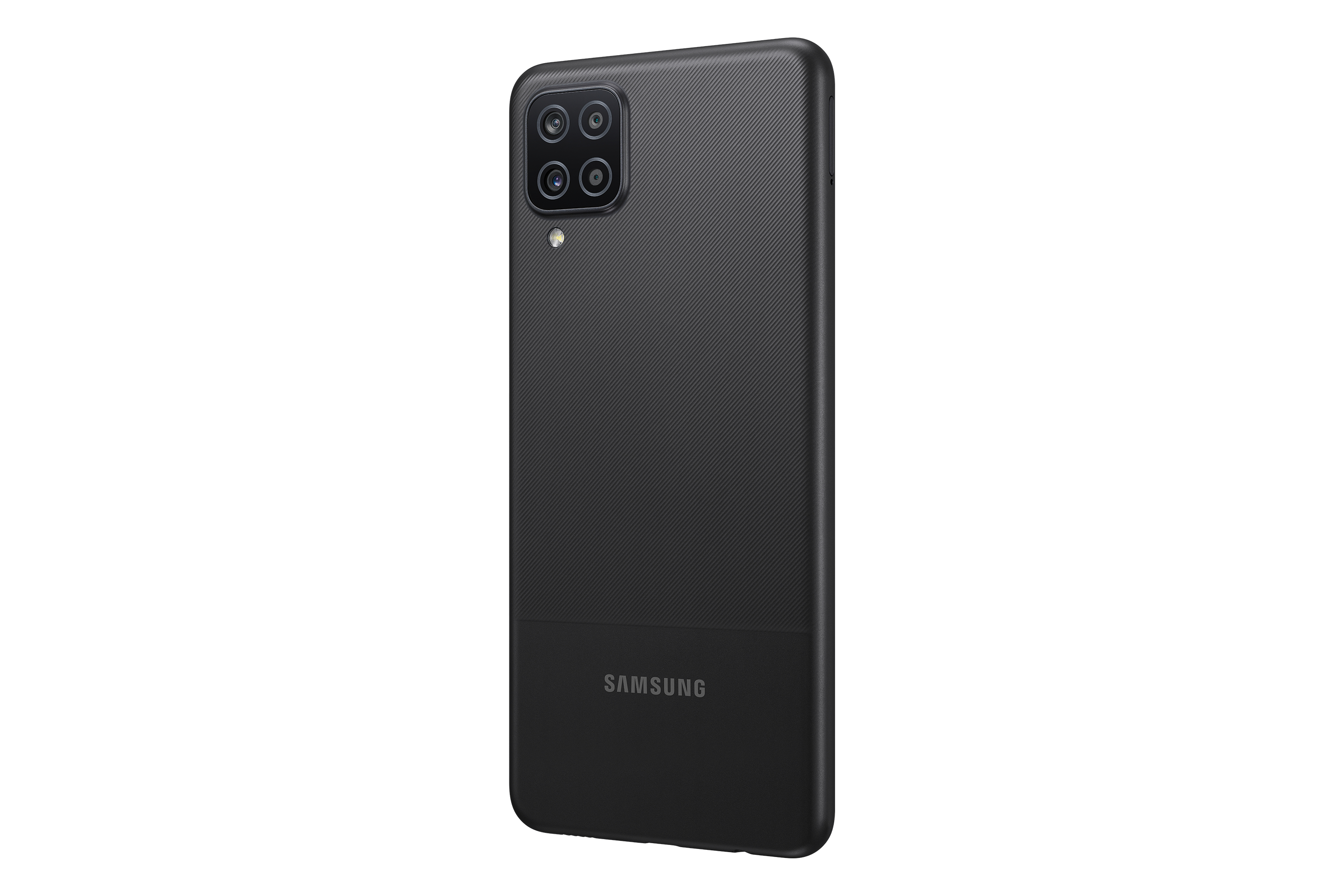 Black Samsung phone, rear view. Textured back, camera array and Samsung branding visible.