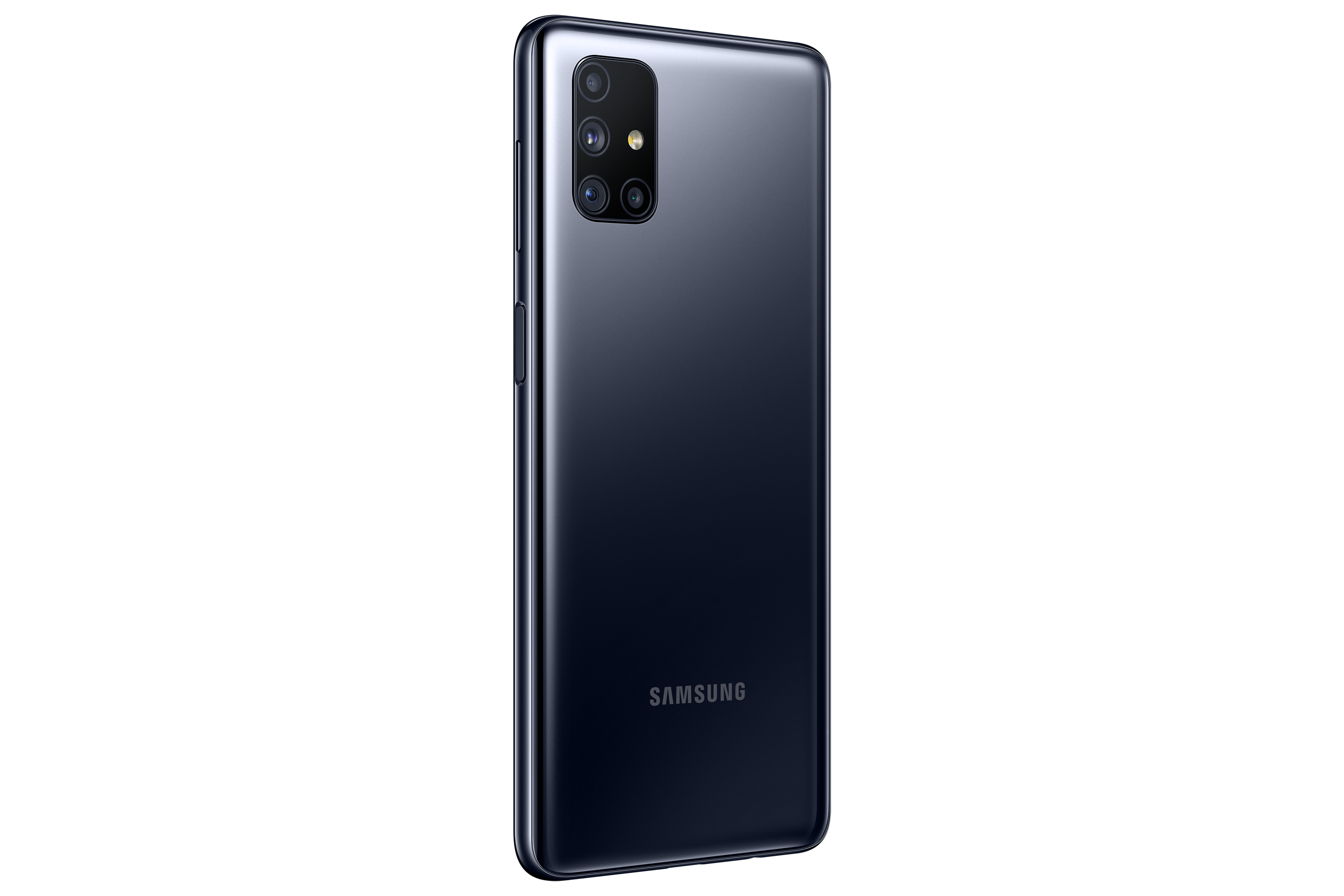 Dunkelblaues Samsung-Telefon, Rückansicht. Kameramodul und Samsung-Logo sichtbar.