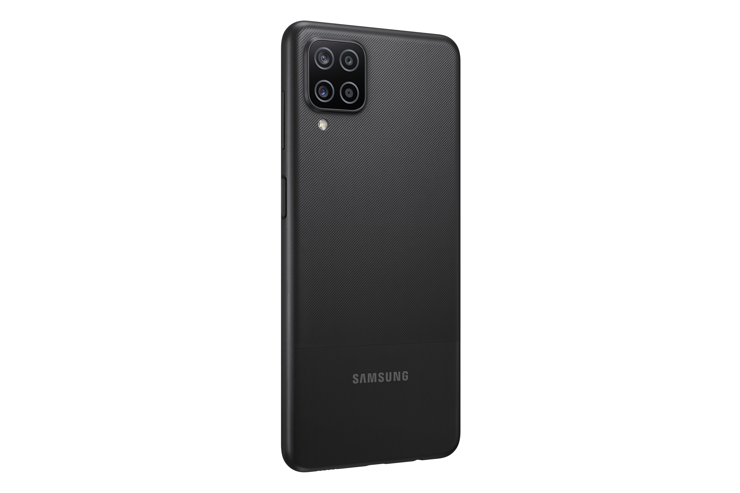 Black smartphone back. A textured surface with a camera module at the top. The brand name is at the bottom.