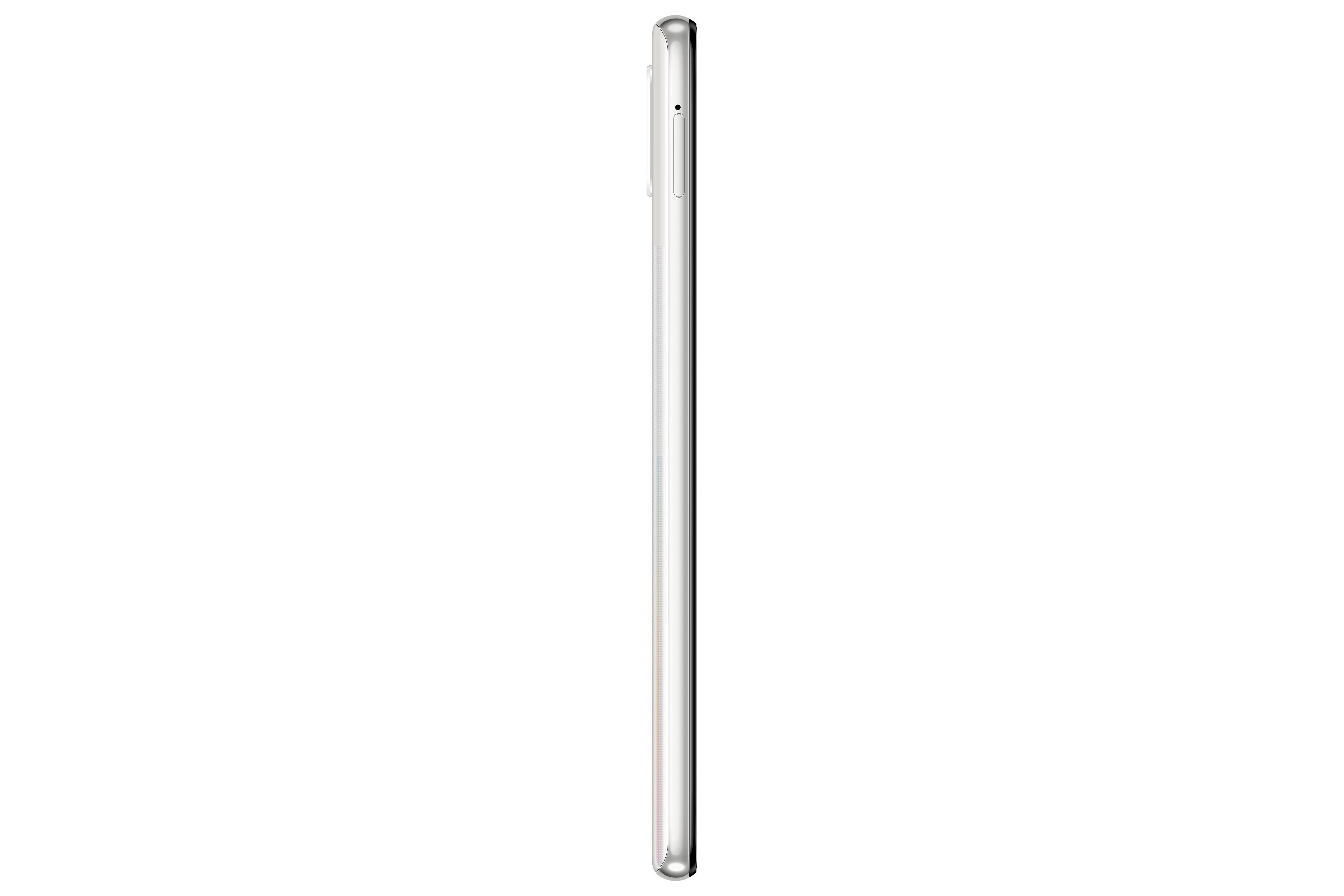 Vista lateral de un smartphone blanco, mostrando el perfil lateral con un módulo de cámara.