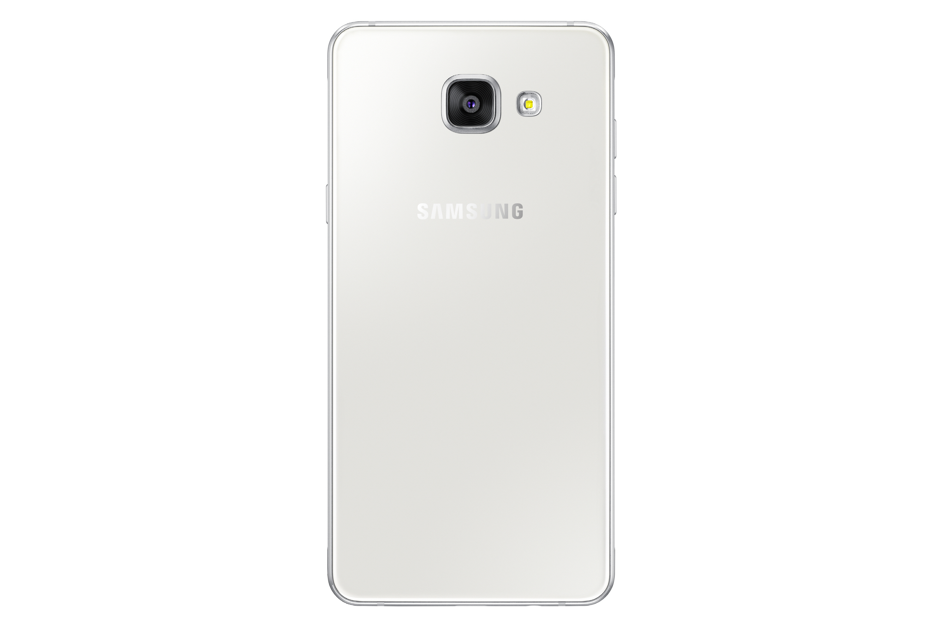 Die Rückseite eines weißen Samsung-Telefons mit Kamera und Samsung-Logo wird gezeigt.