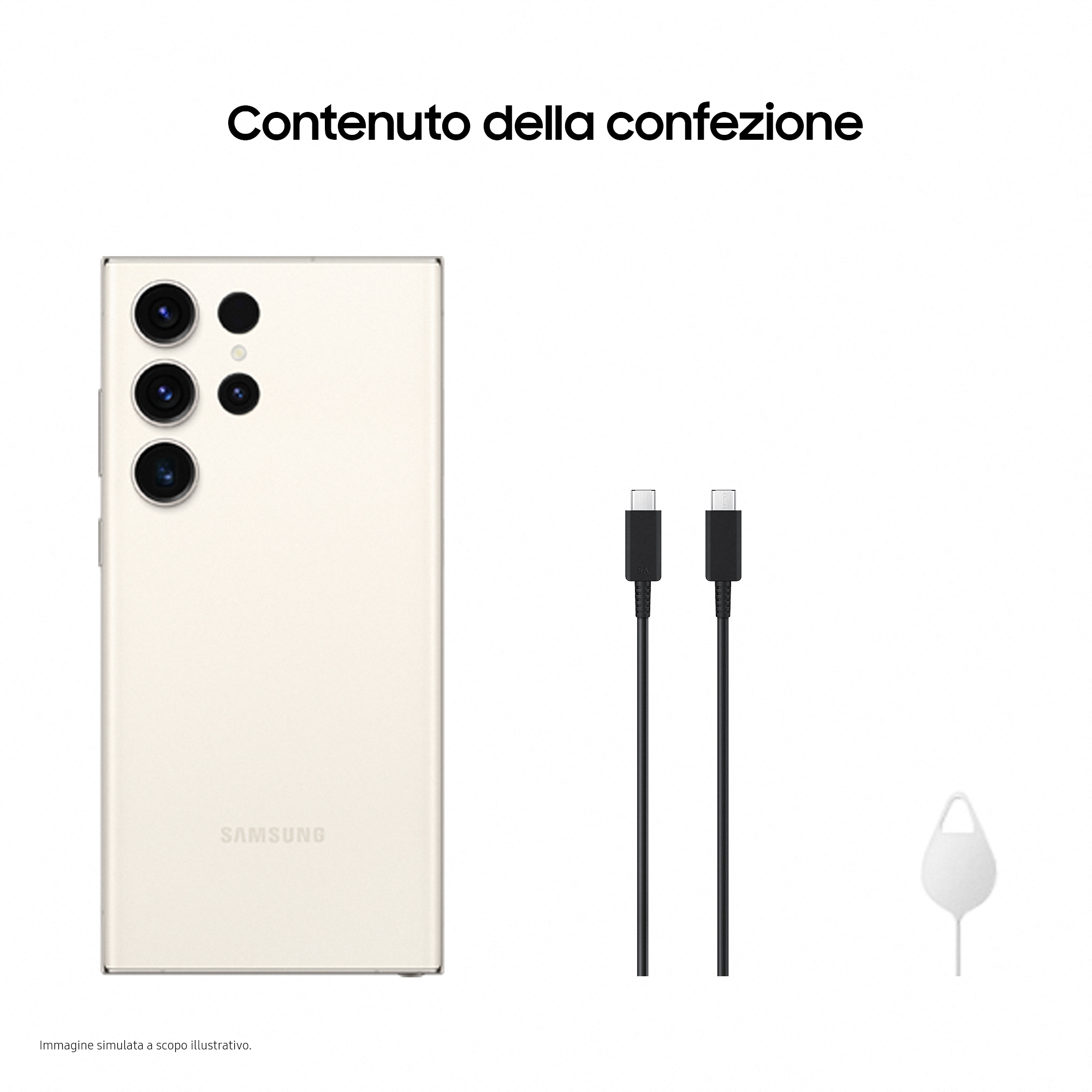 Telefon, dwa kable i narzędzie do karty SIM. Tekst: 'Contenuto della confezione'.