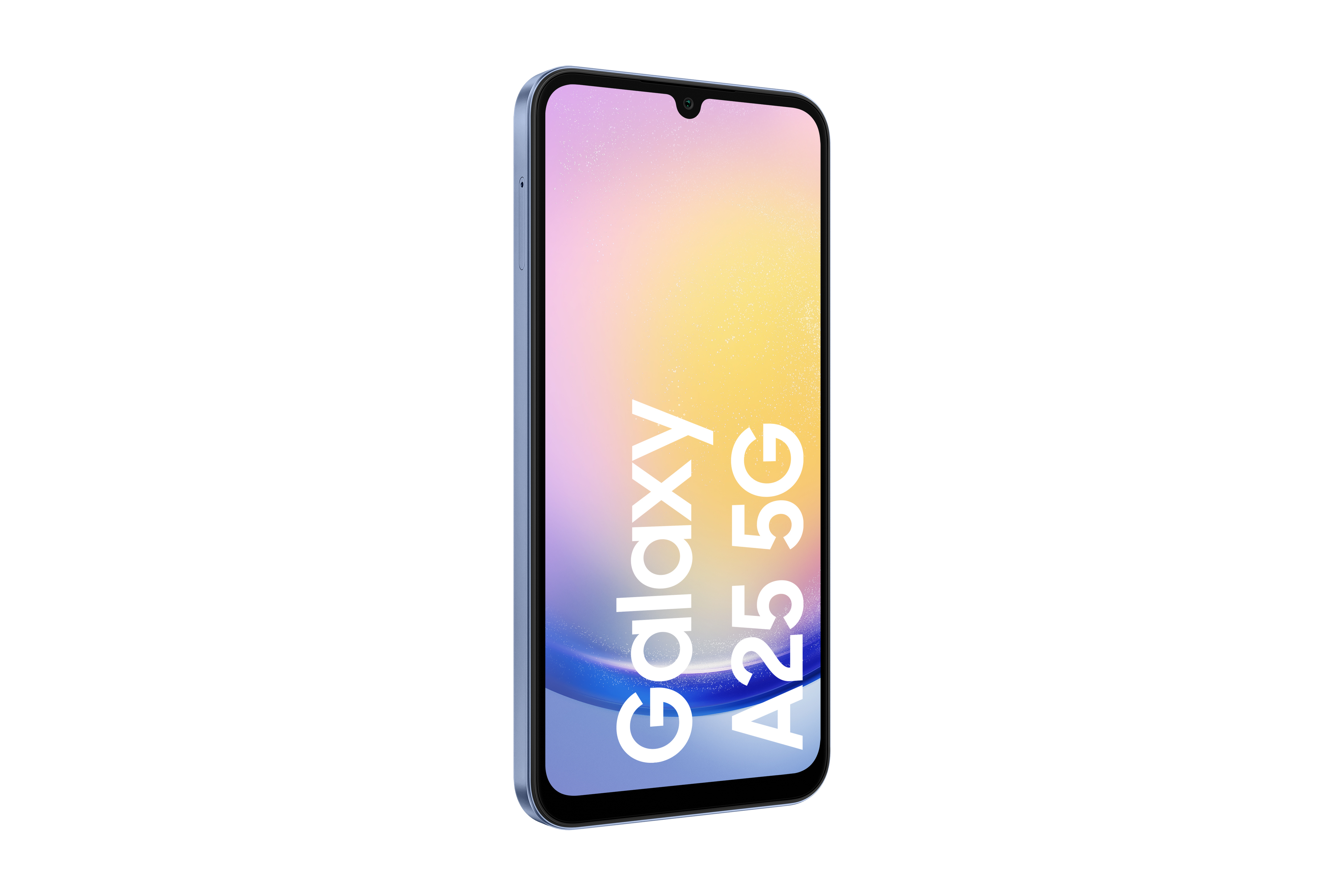 Jasnoniebieski smartfon z ekranem wyświetlającym 'Galaxy A25 5G' białym tekstem na gradientowym tle.