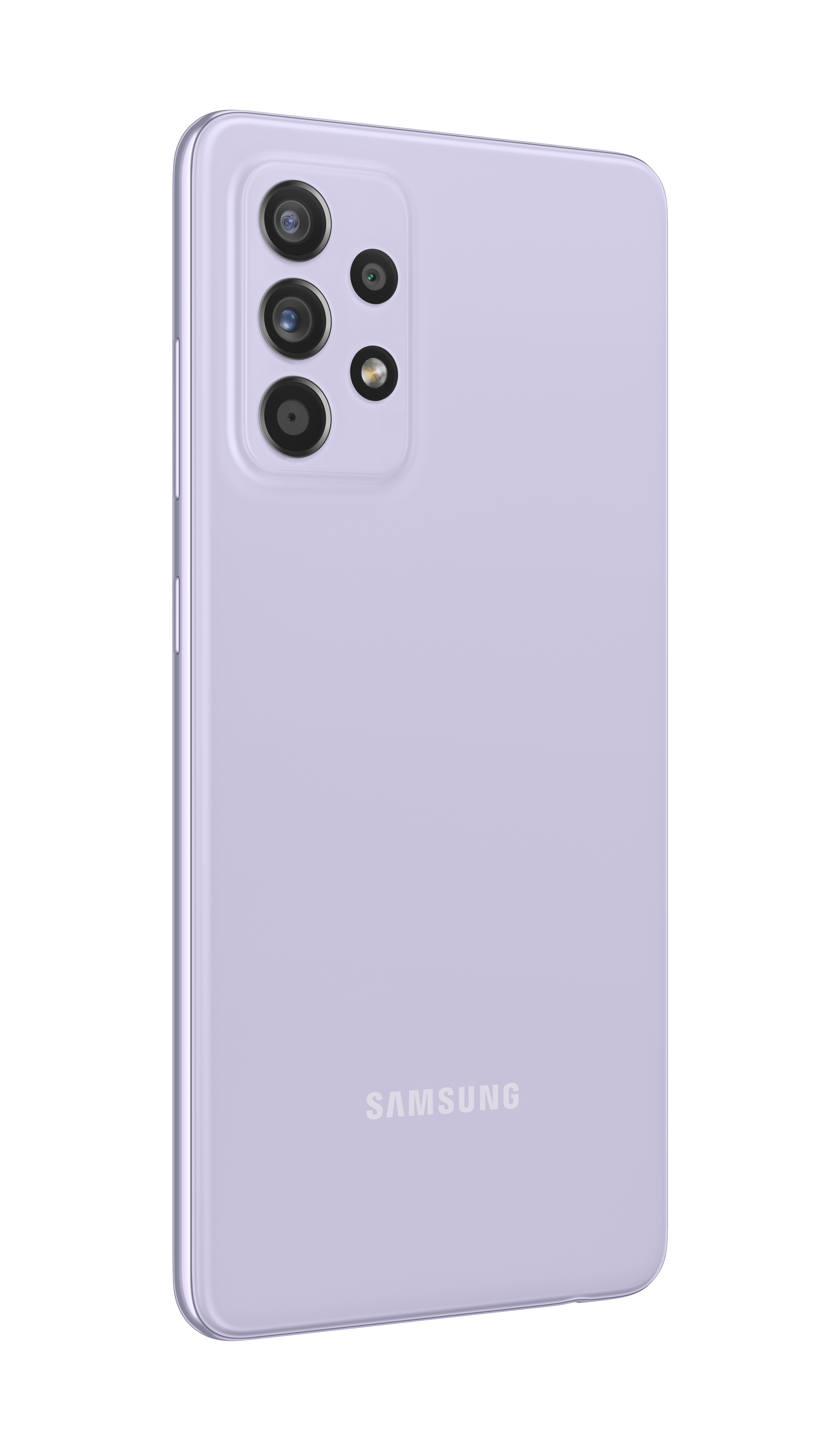 Fioletowy smartfon, widok z tyłu. Posiada wiele aparatów. Widoczne logo Samsung.