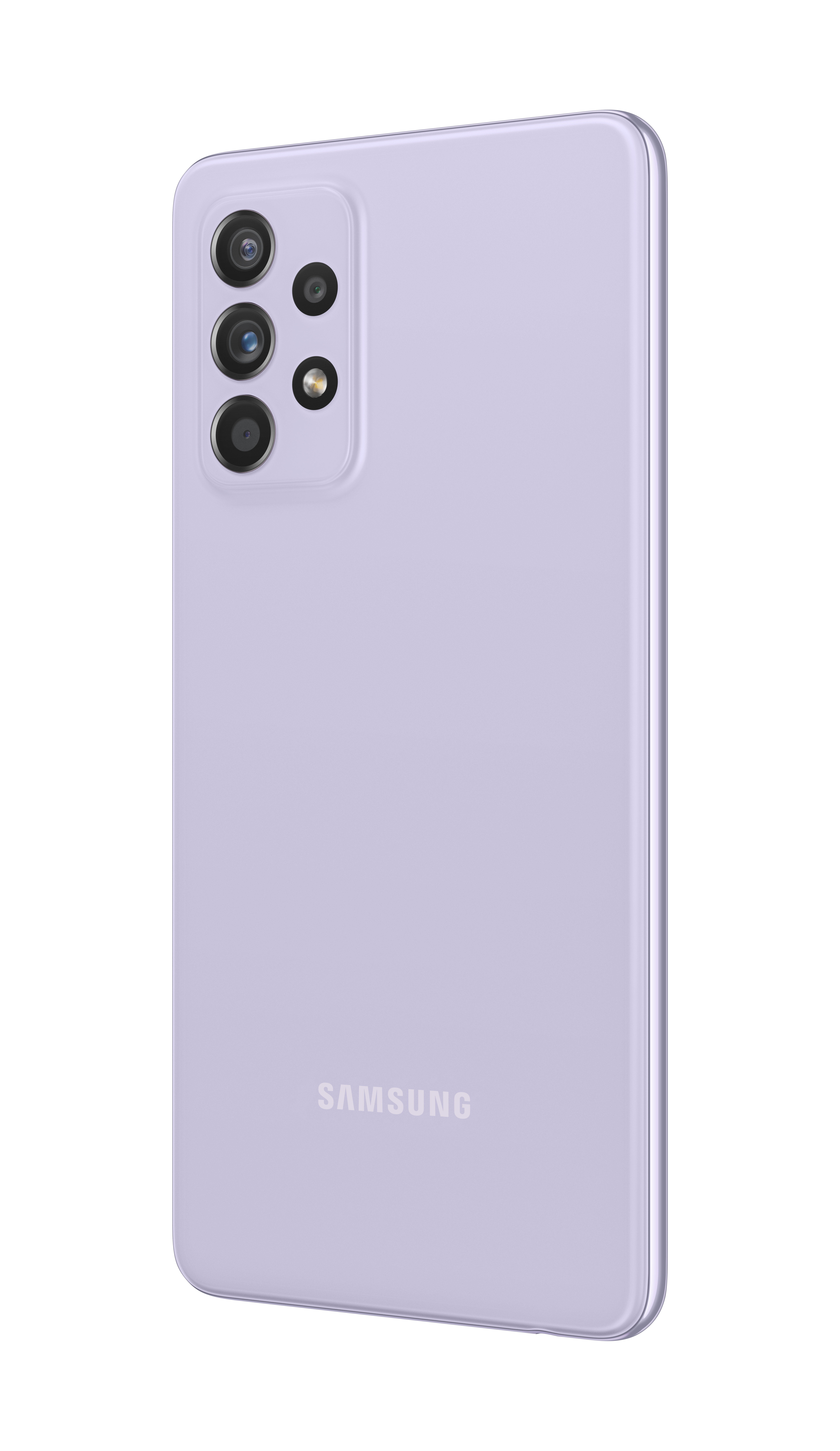 Fioletowy smartfon z tyłu, pokazujący trzy aparaty i logo Samsunga. Telefon jest pod kątem.