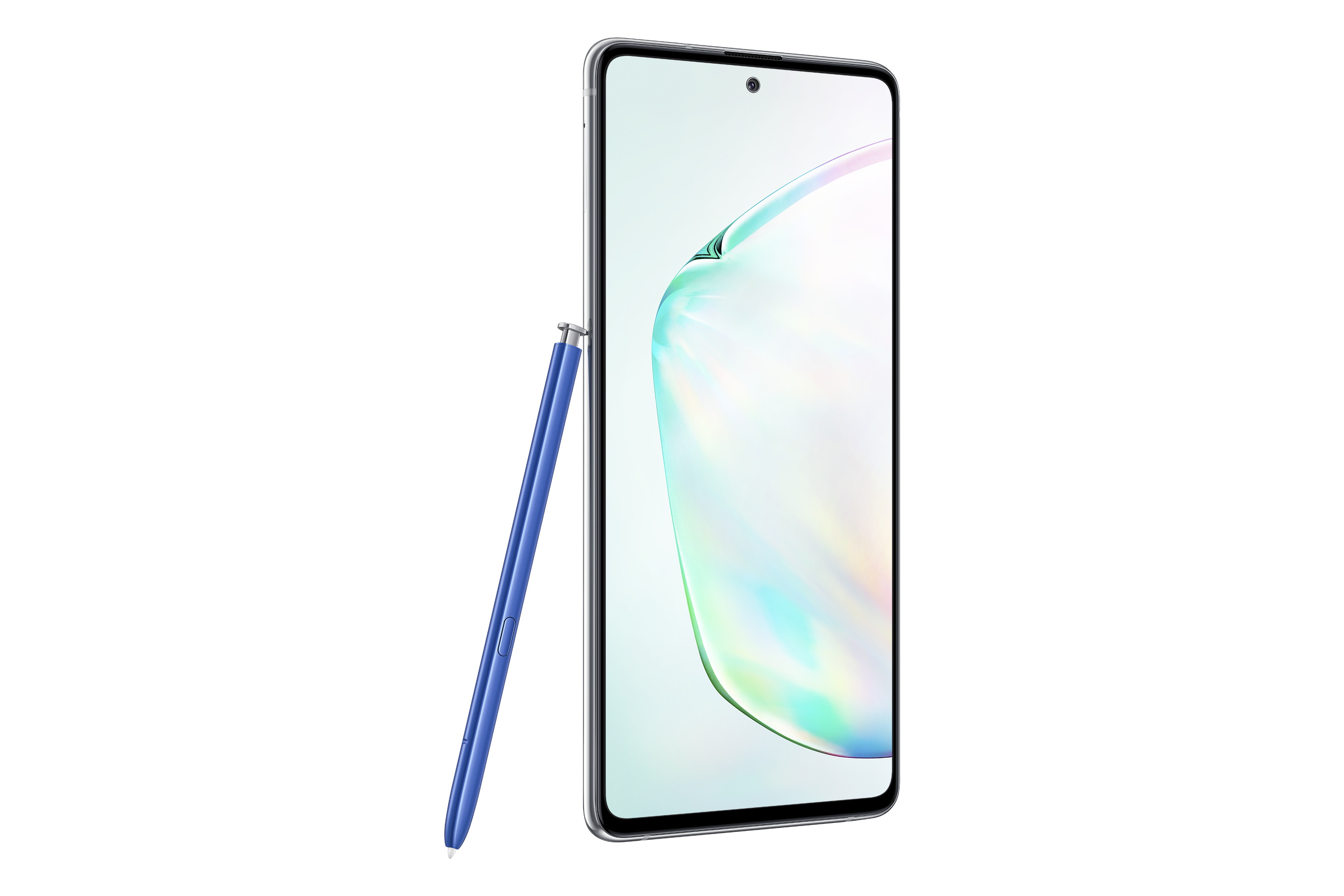 Ein Smartphone steht mit einem Stift daneben. Weißer Hintergrund. Der Bildschirm des Telefons ist an.