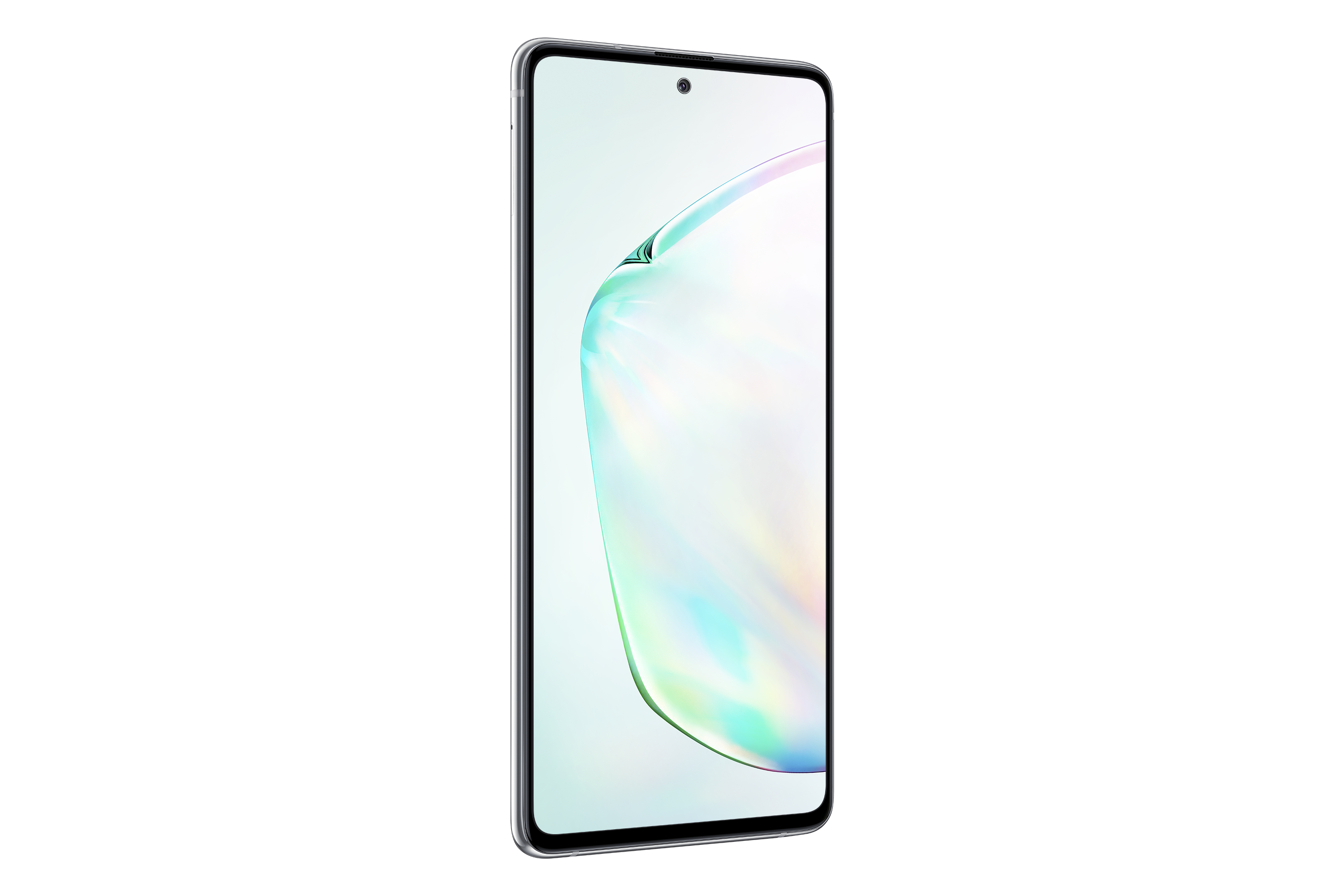 Telefon mit gebogenem Bildschirm, silbernem Rahmen und weißem Hintergrund.
