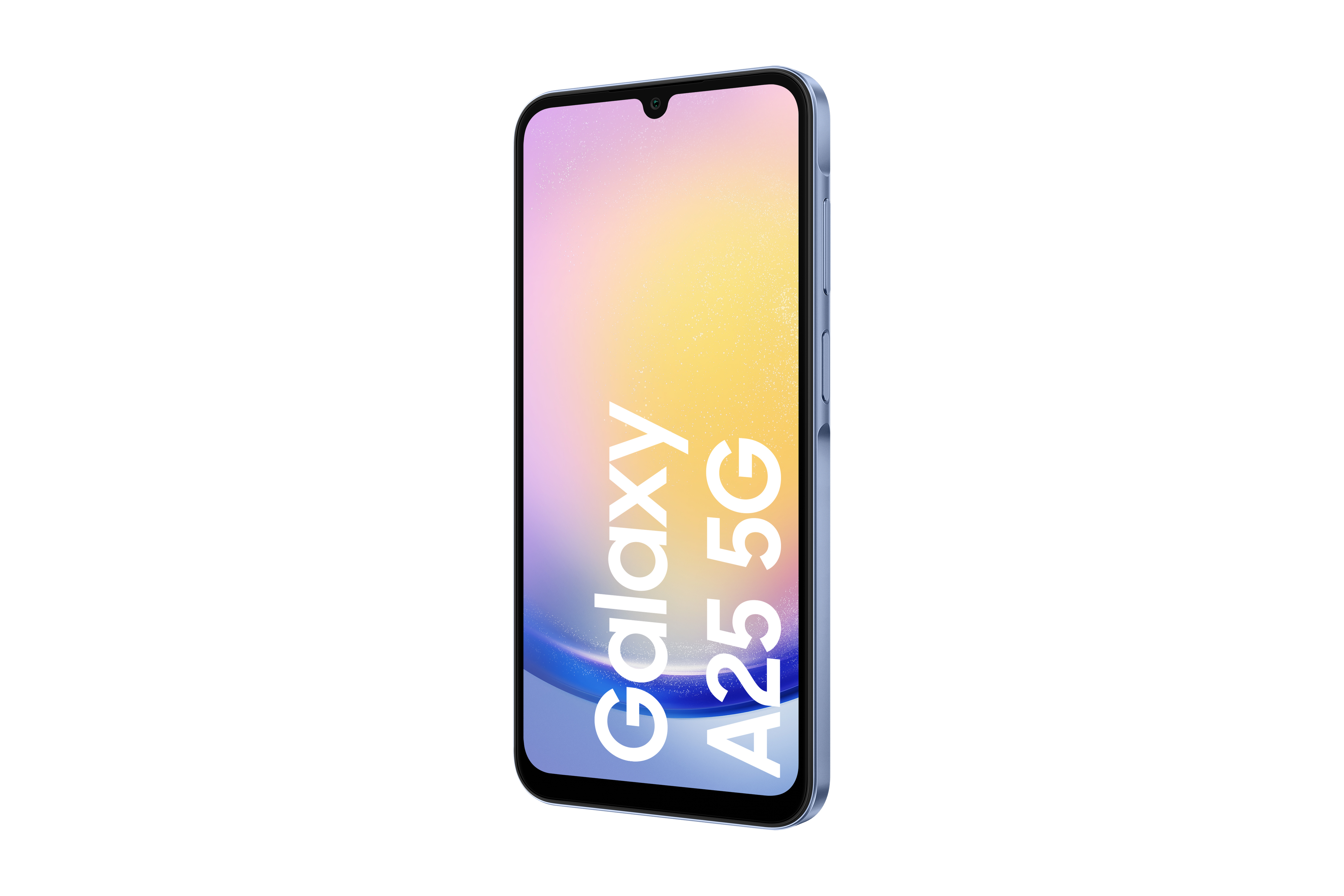 Niebieski smartfon Samsung Galaxy A25 5G, widok pod kątem, na białym tle. Ekran pokazuje gradient.