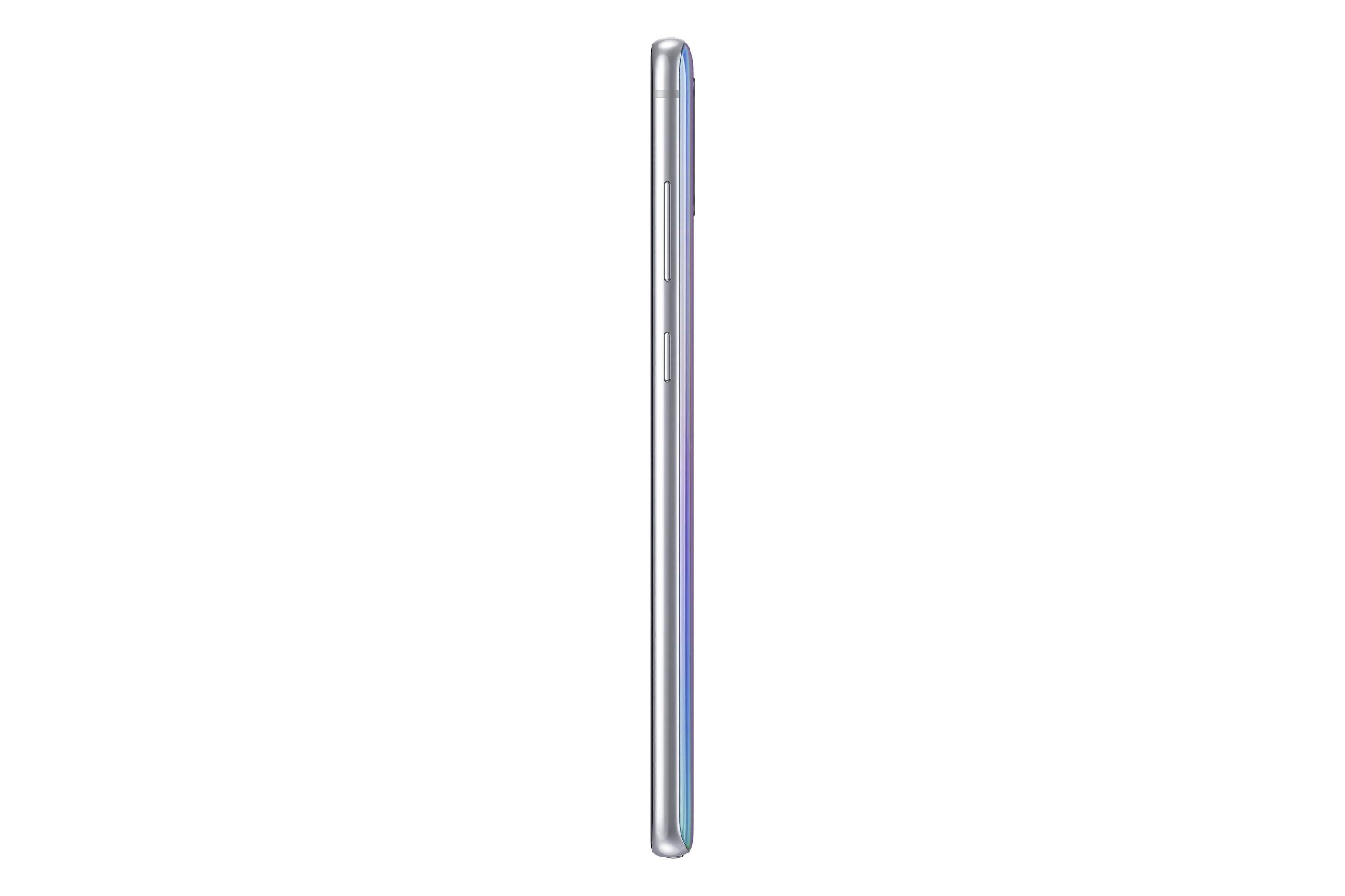 Seitenansicht eines Smartphones. Das Telefon hat einen silbernen Rahmen mit einem hellblauen Farbverlauf.