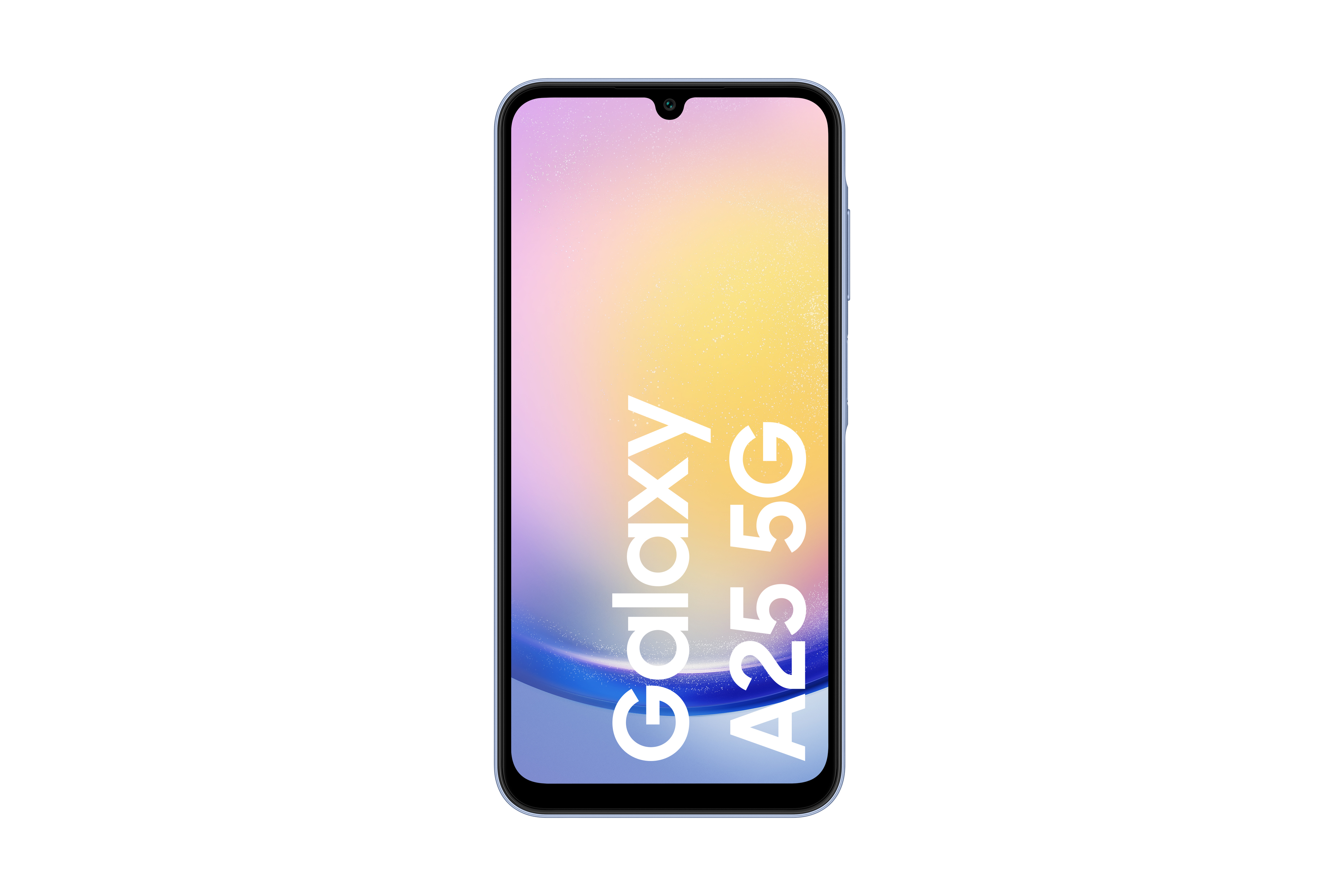 Niebieski telefon z kolorowym wyświetlaczem. Widoczne słowa 'Galaxy A25 5G'.