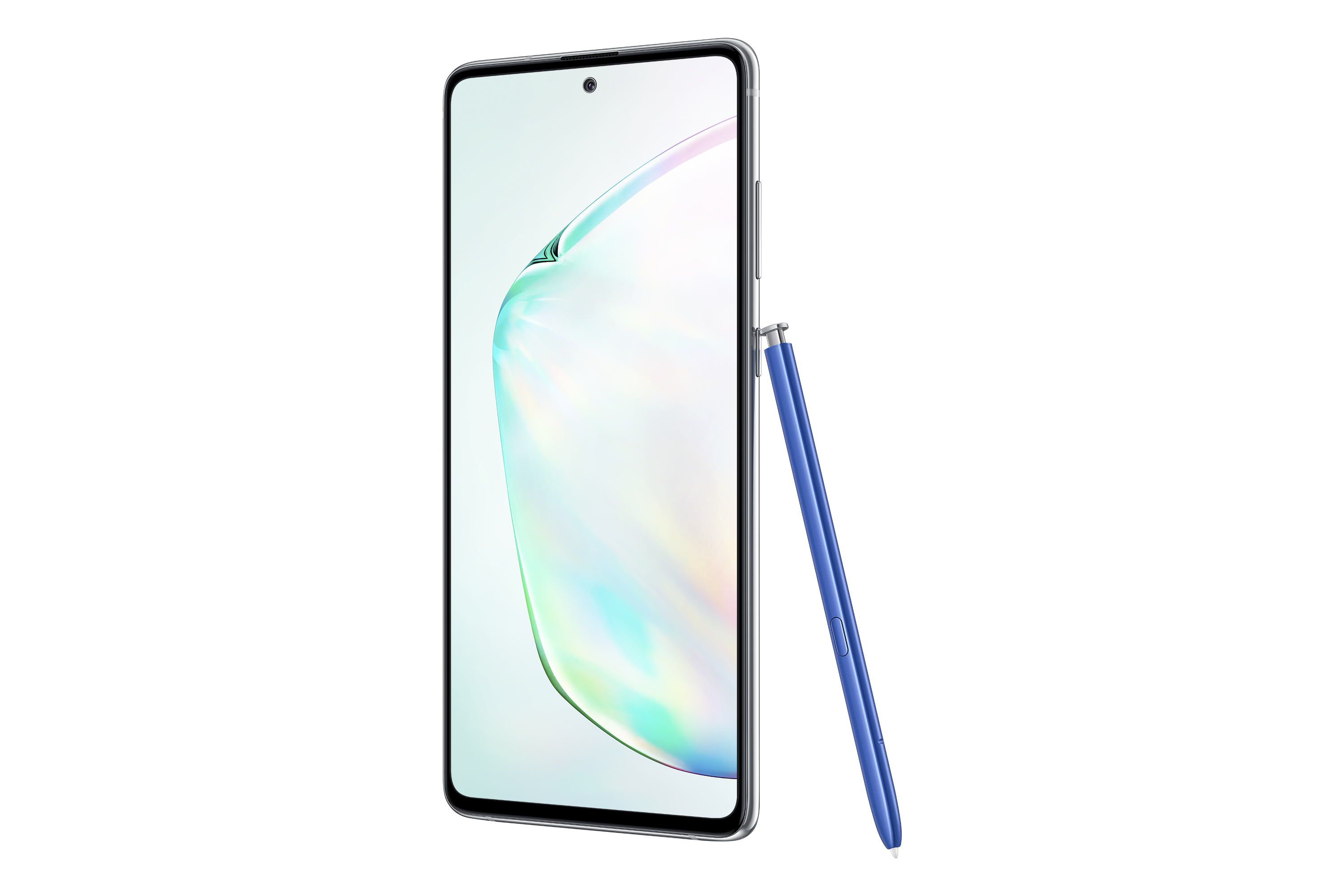 Samsung-Telefon, geneigt. Ein blauer Stift liegt daneben. Der Bildschirm hat einen weißen Farbverlauf.
