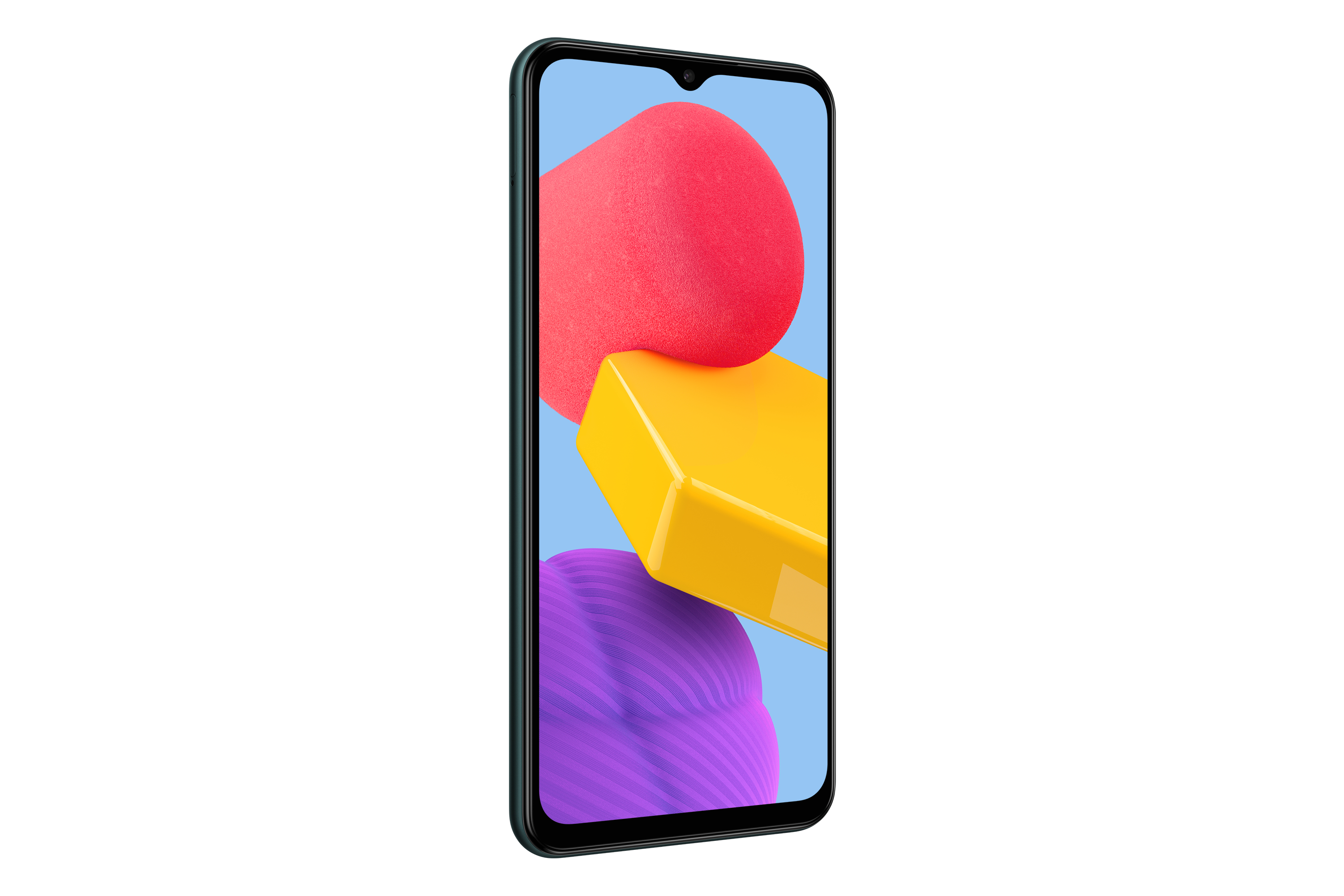 Un smartphone con una pantalla colorida que muestra formas abstractas, sobre un fondo blanco.