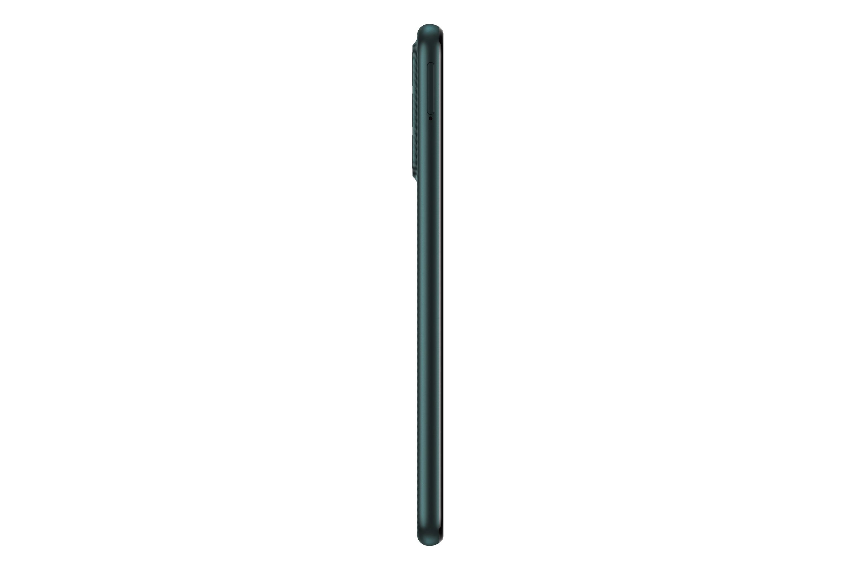Vista lateral de un smartphone verde oscuro, diseño delgado y fondo blanco.