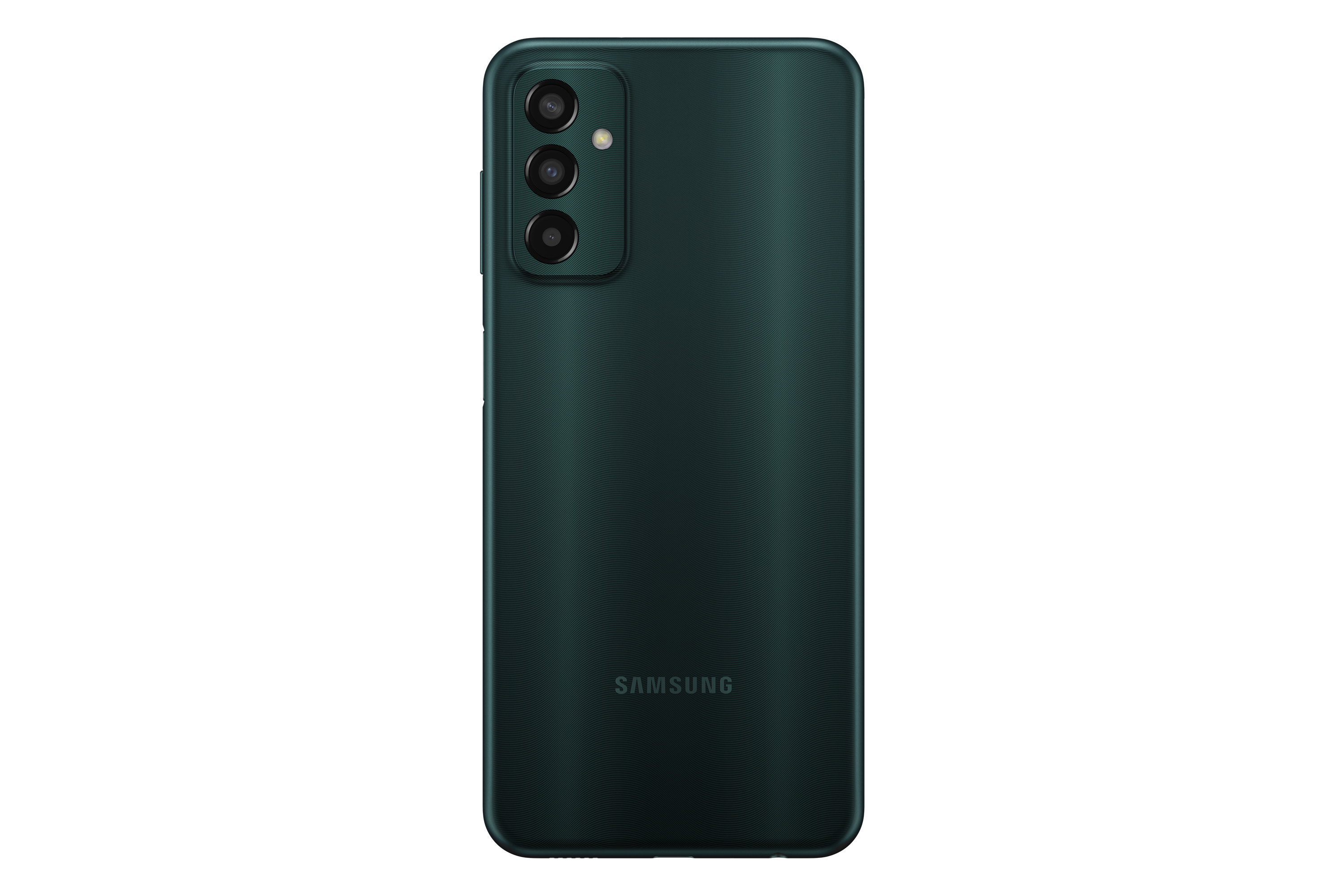 Teléfono verde oscuro. Vista trasera muestra la matriz de la cámara y el logotipo de Samsung.