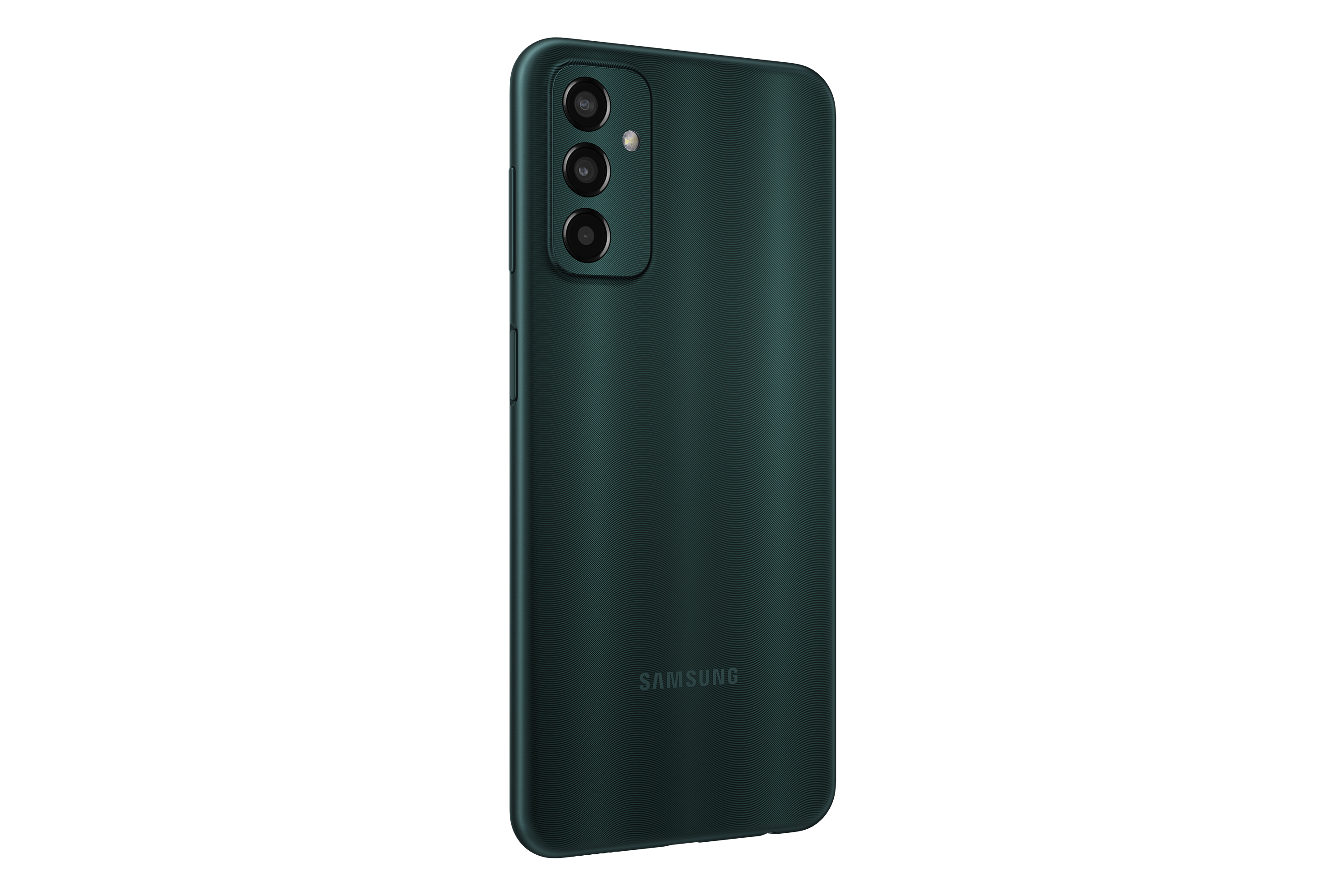 Parte trasera de smartphone verde con cámara, sobre fondo blanco.