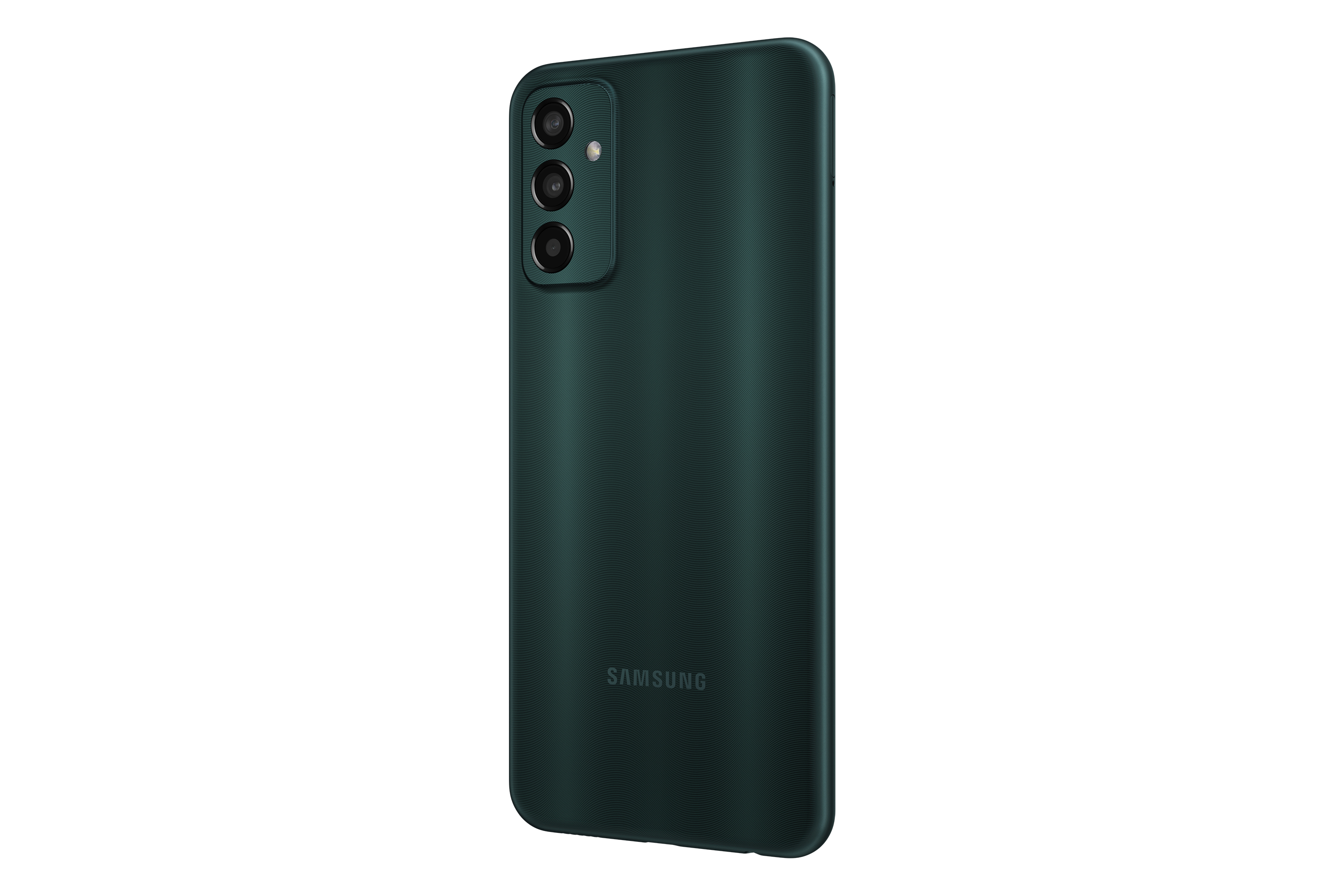 Vista trasera de un teléfono inteligente verde con tres cámaras y el logotipo de Samsung.