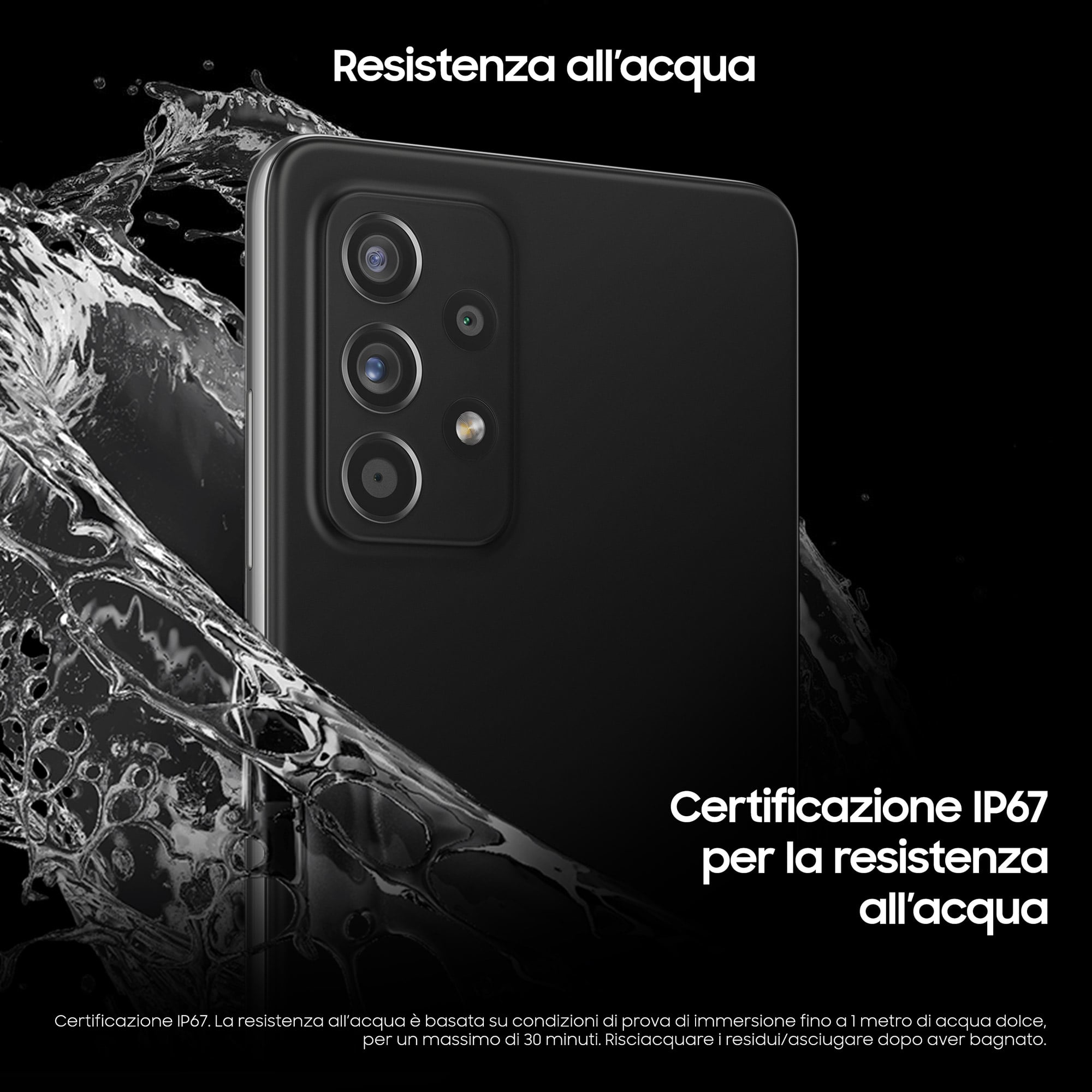 Czarny telefon z aparatem, plusk wody, tekst o odporności na wodę.