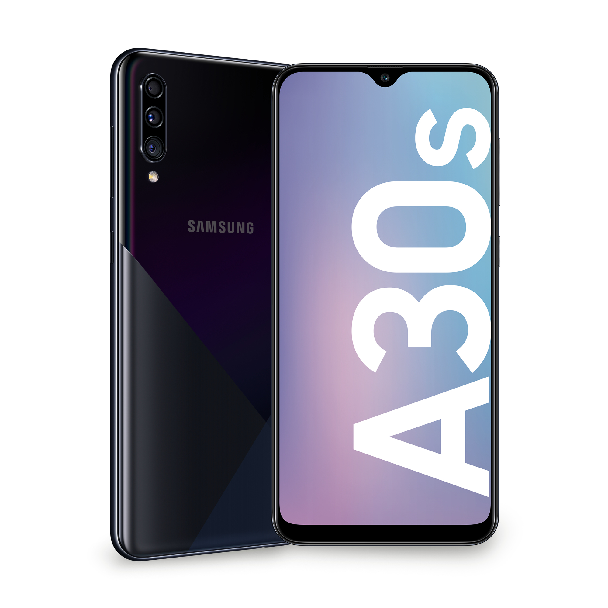 Un teléfono Samsung A30S negro con tres cámaras en la parte posterior y mostrando el logo A30S.
