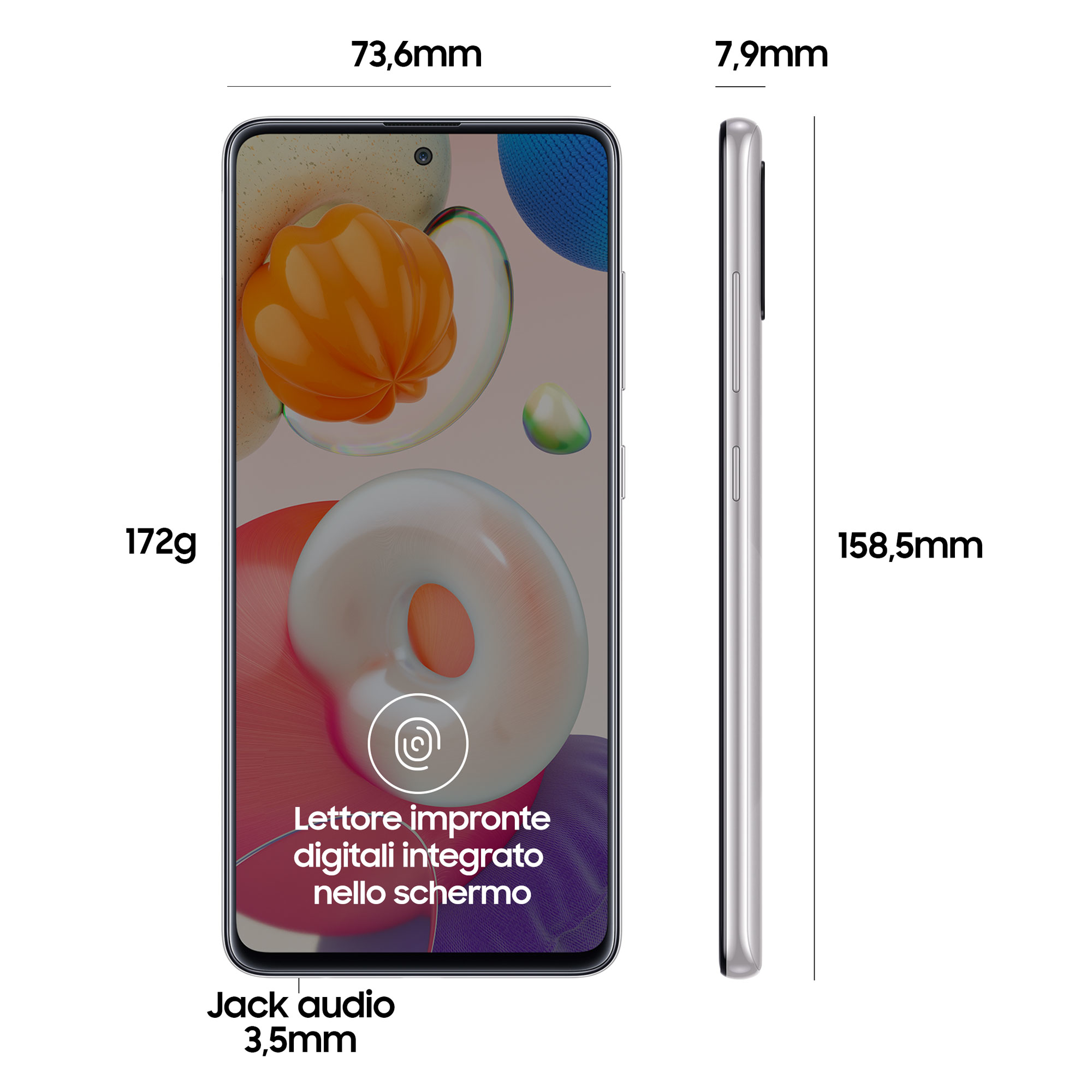 Smartphone con tres lados visibles, mostrando dimensiones, peso y lector de huellas integrado.