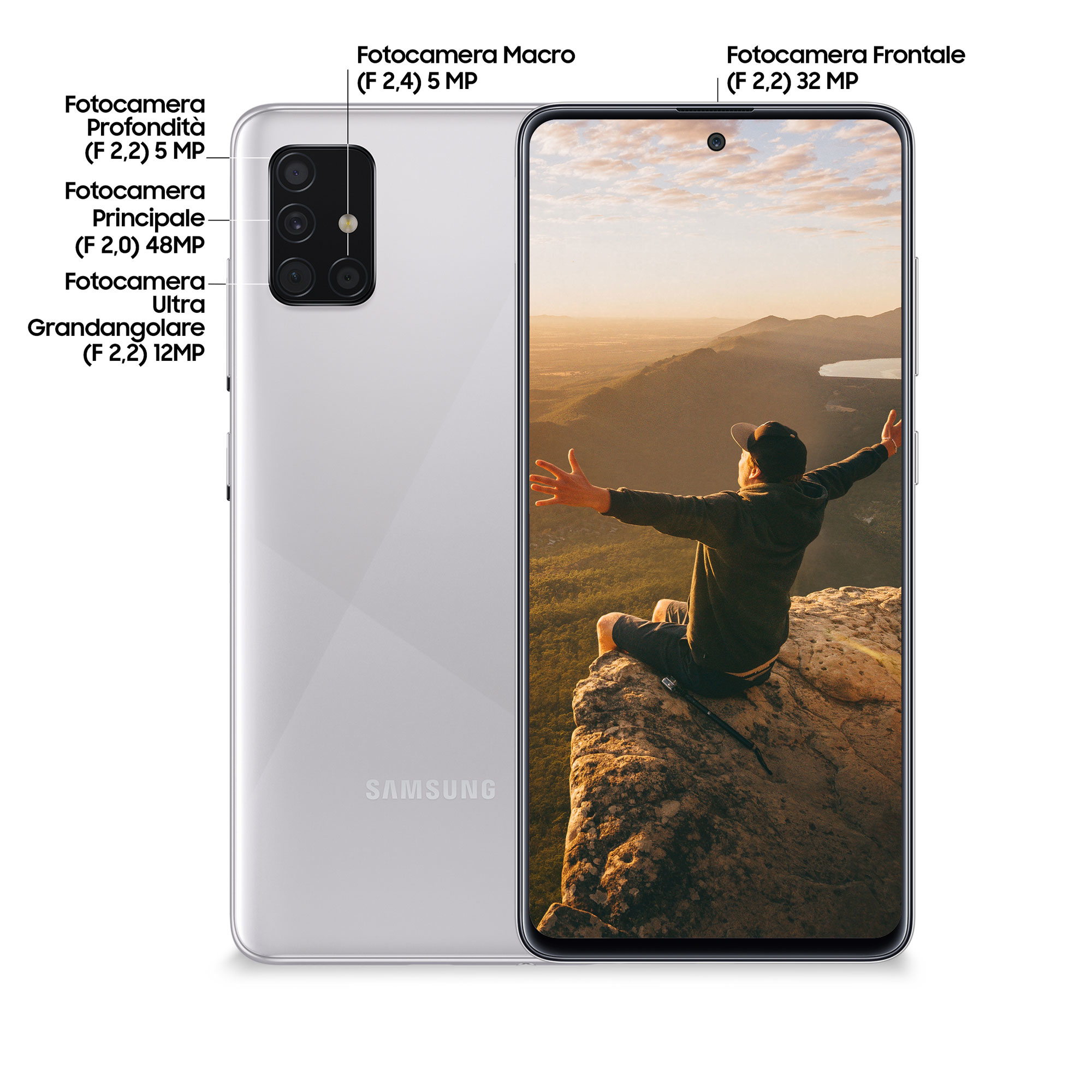 Un teléfono blanco muestra su parte trasera con cámaras y la pantalla frontal mostrando a un hombre en la naturaleza.