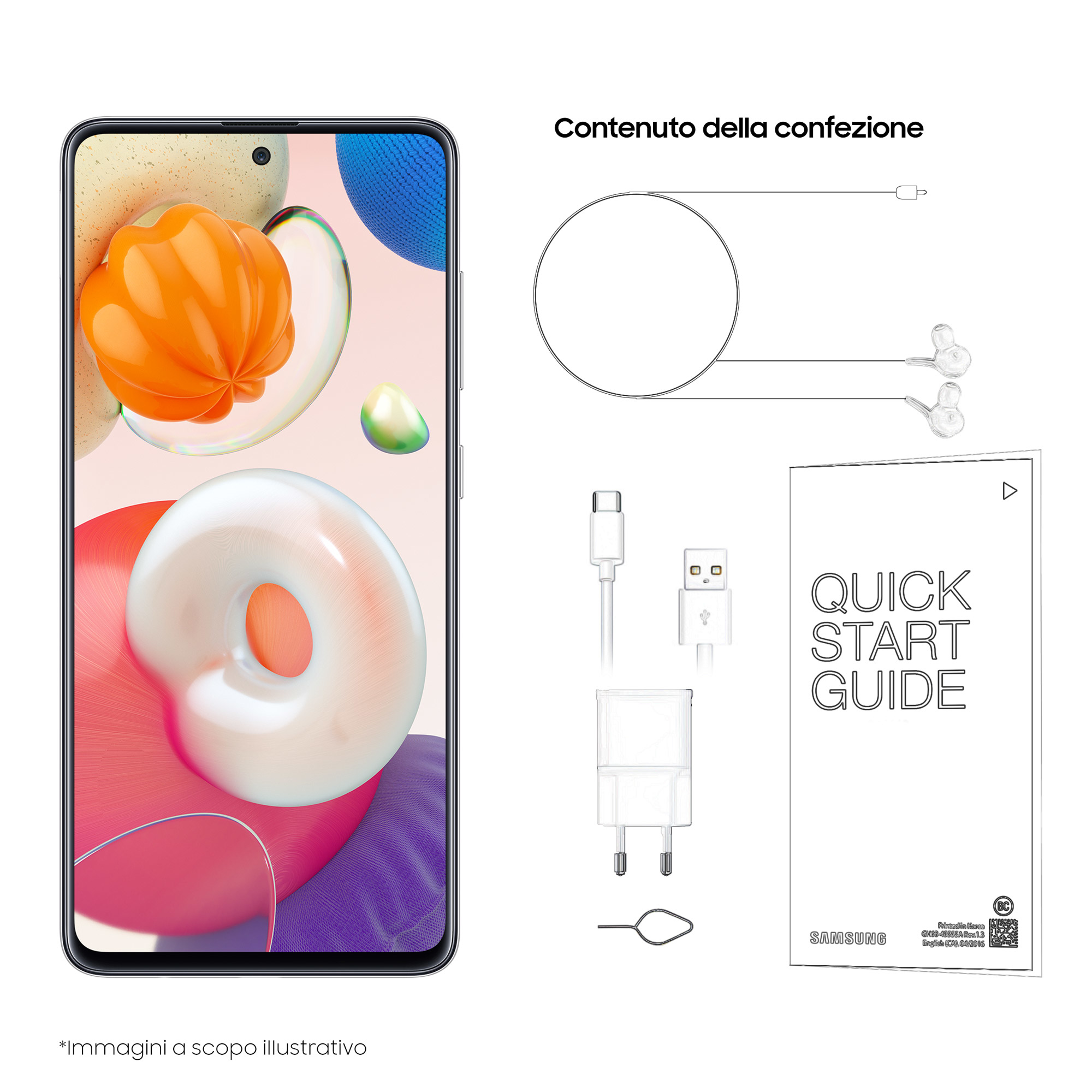 Smartphone, cargador, cables y guía rápida sobre superficie blanca.
