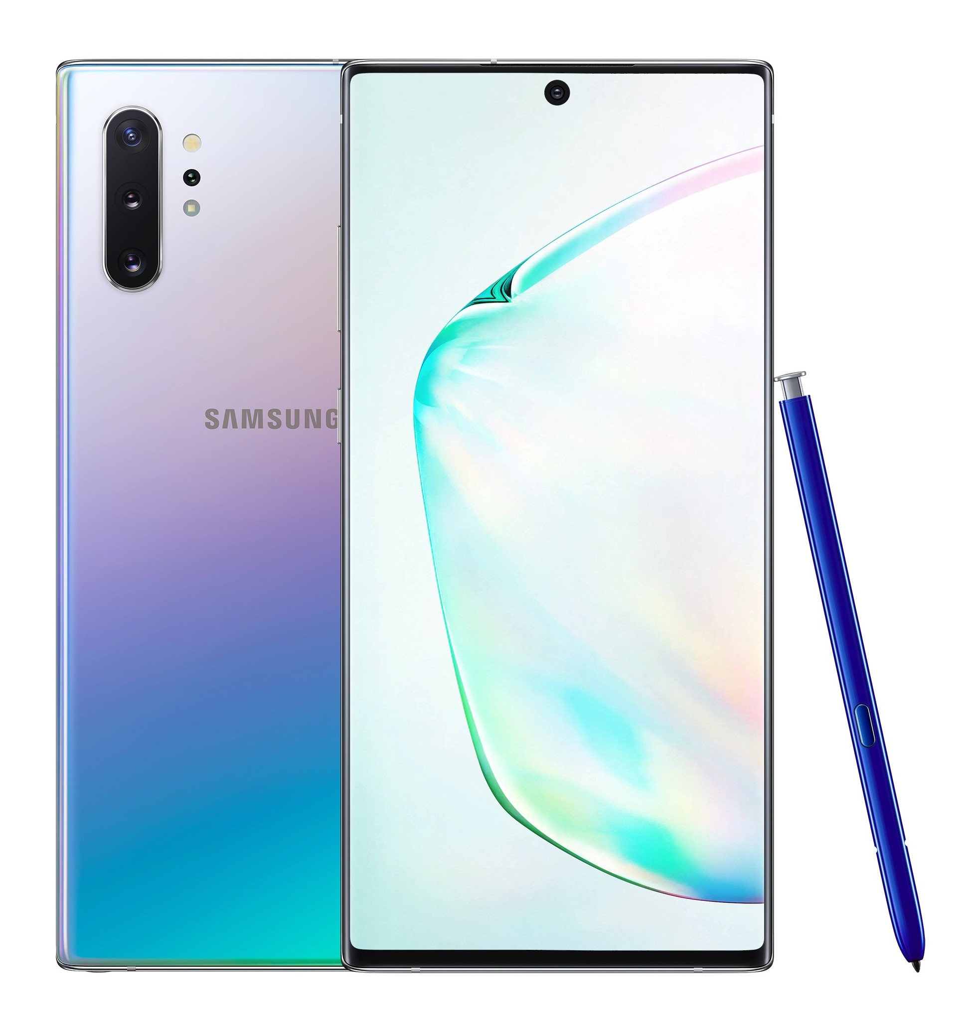 Weiß-blaues Smartphone mit Eingabestift. Rückseite und Vorderseite des Telefons sind gezeigt.