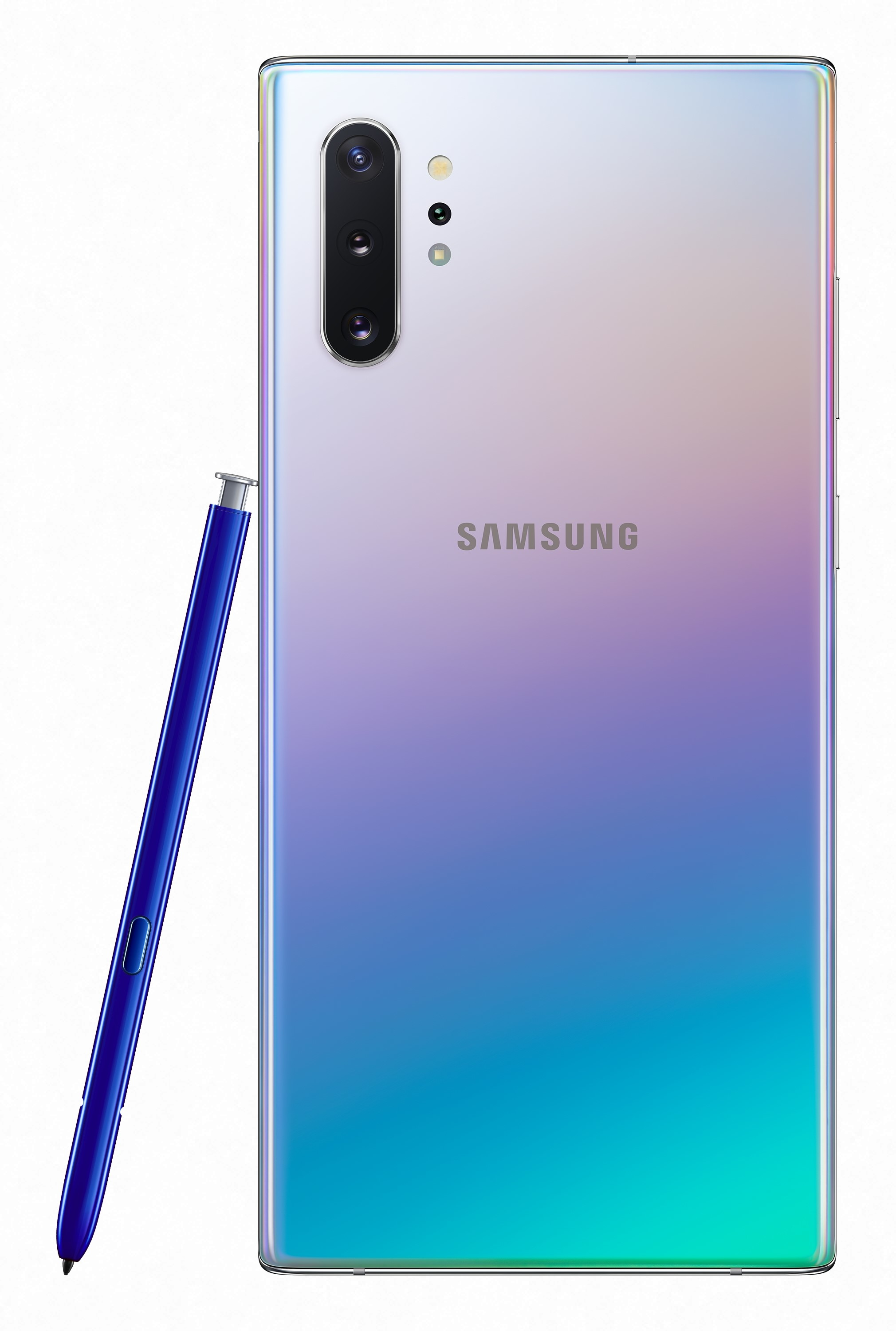 Rückansicht eines Samsung-Telefons mit Farbverlauf, daneben ein Stift auf weißem Hintergrund.