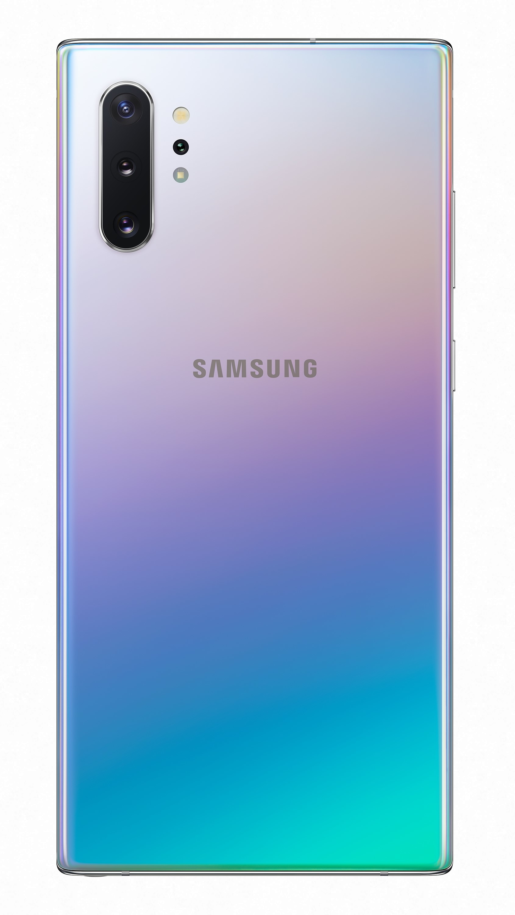 Schillernde Telefonrückseite. Drei Kameras, Samsung-Logo. Weißer Hintergrund.