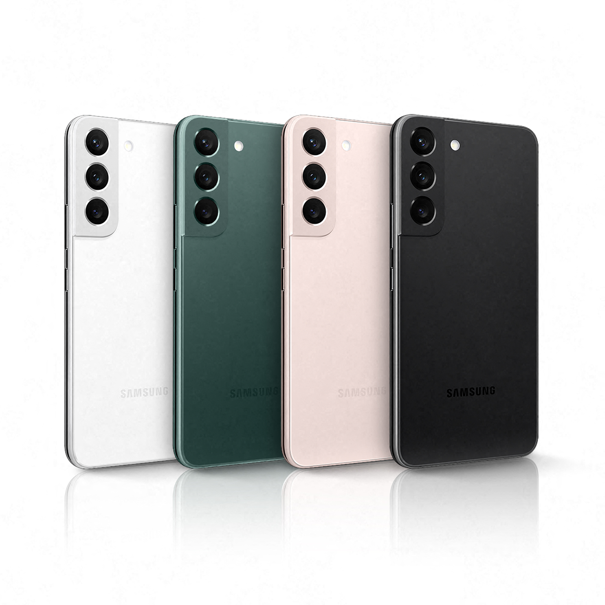 Quattro telefoni Samsung in vari colori. Bianco, verde, rosa e nero. Vista posteriore.