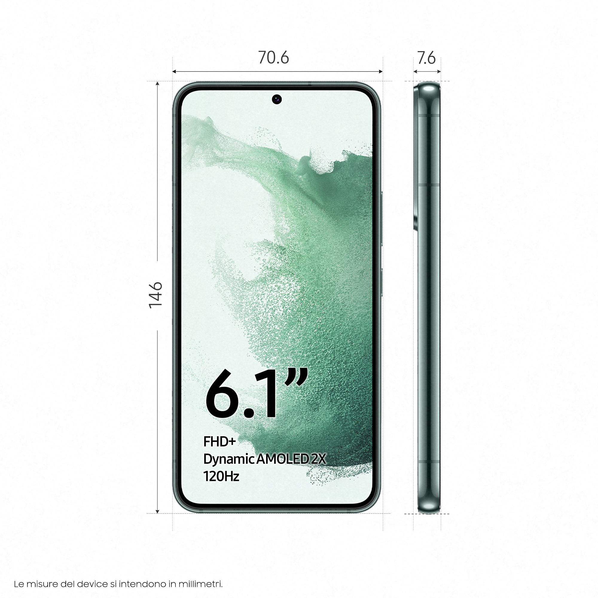 Smartphone con dimensioni visualizzate. Vista frontale con schermo che mostra dimensioni e caratteristiche. Sfondo bianco.