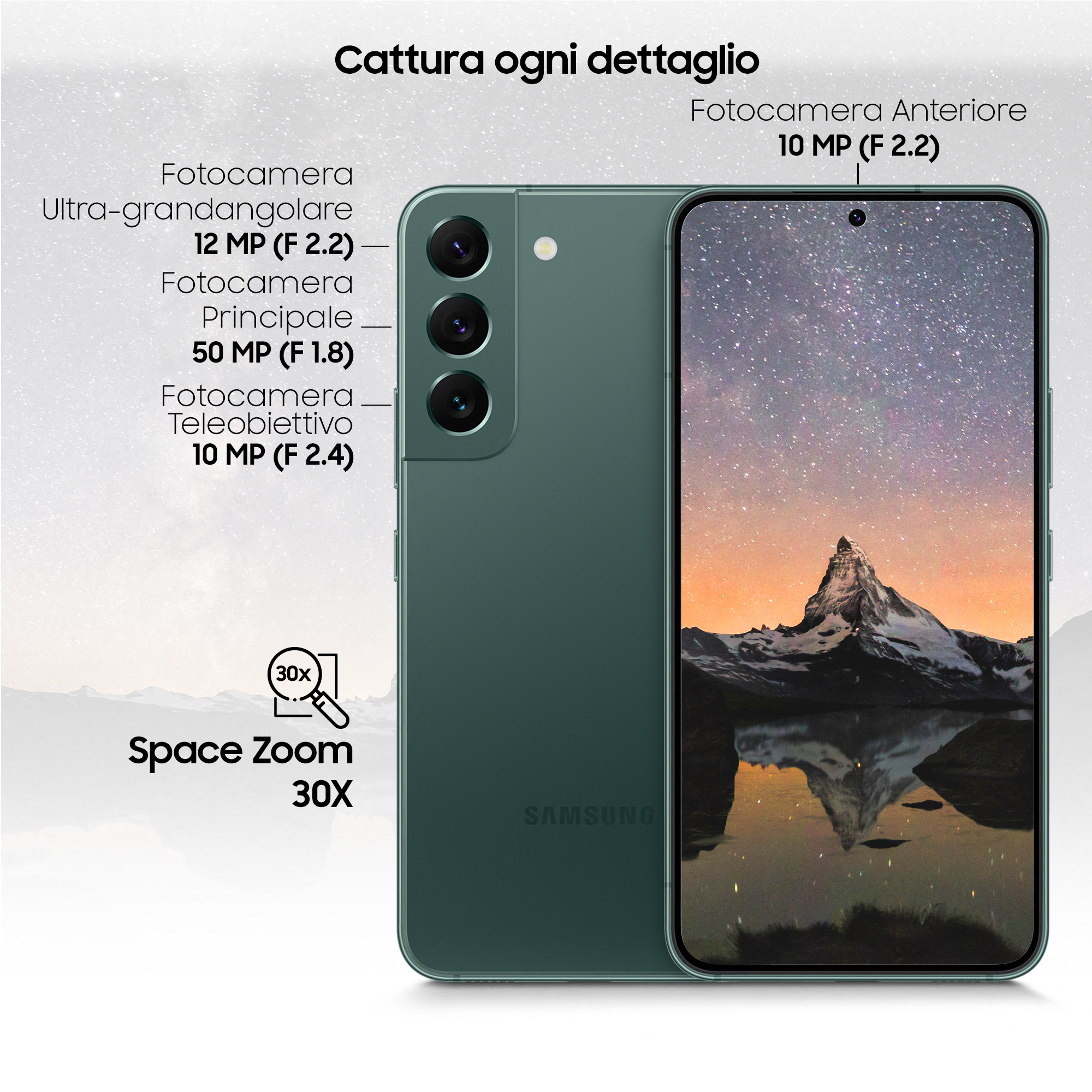 Telefono Samsung, davanti e dietro. Il retro ha 3 fotocamere. Il davanti mostra un'immagine di notte stellata.