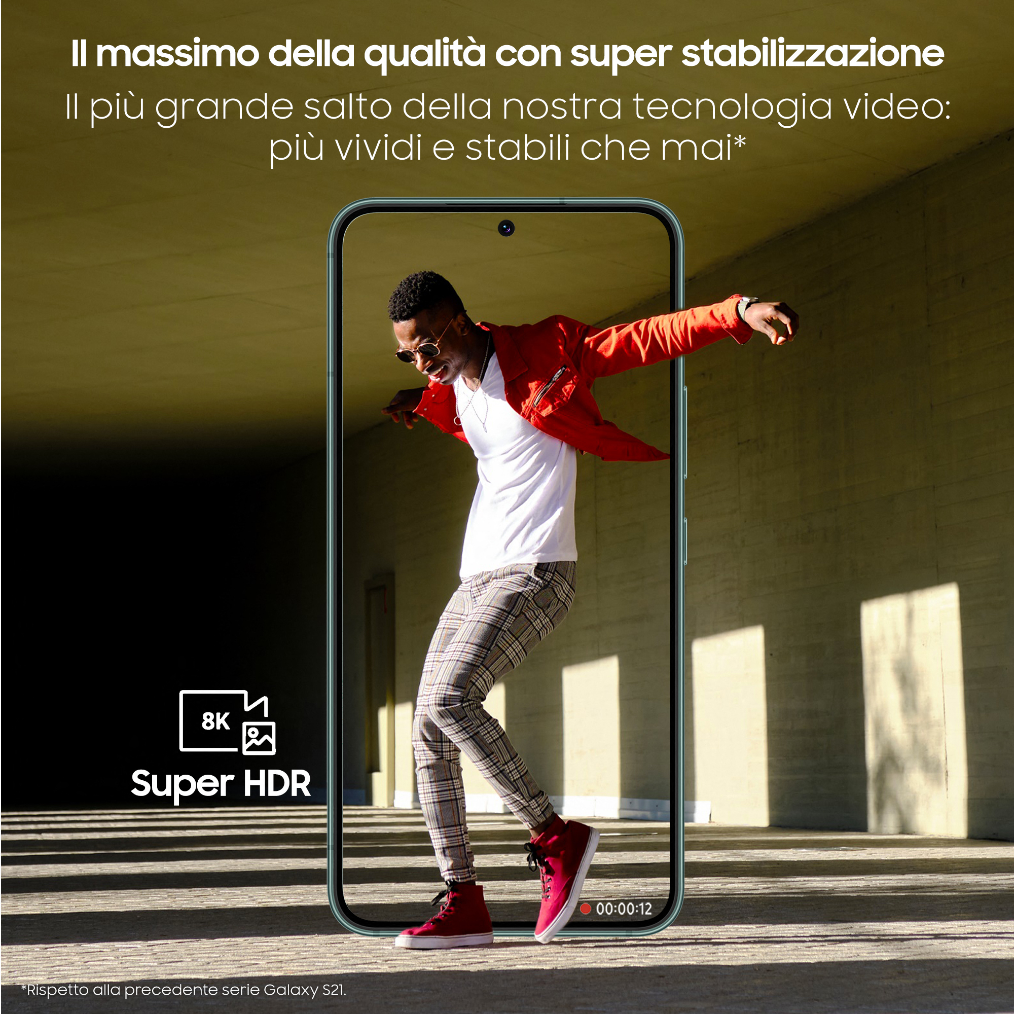 Un uomo con una giacca rossa salta davanti a uno schermo di telefono che lo mostra in un tunnel.