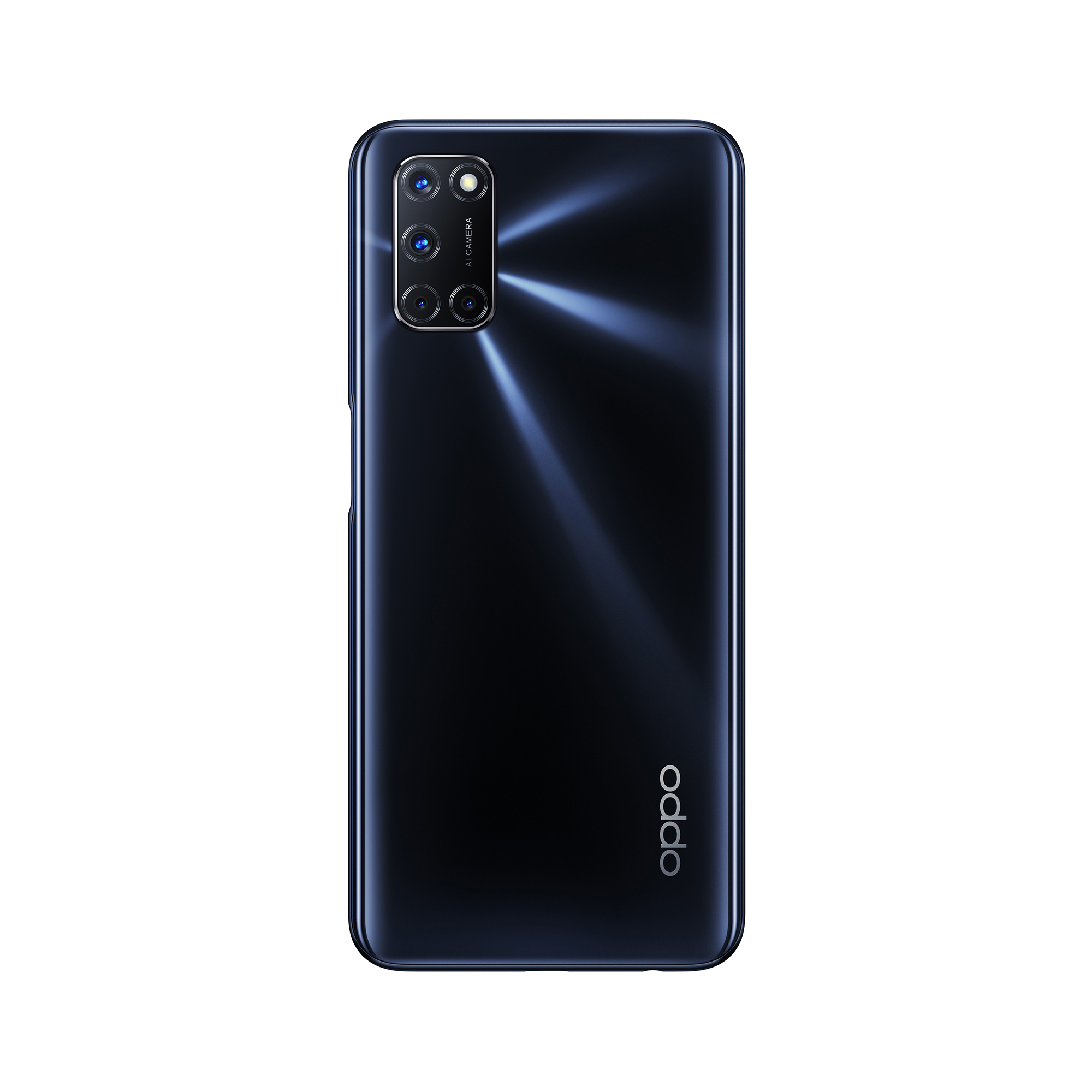 Schwarzes Oppo-Telefon, Rückansicht. Dreifachkamera und Oppo-Logo sichtbar.
