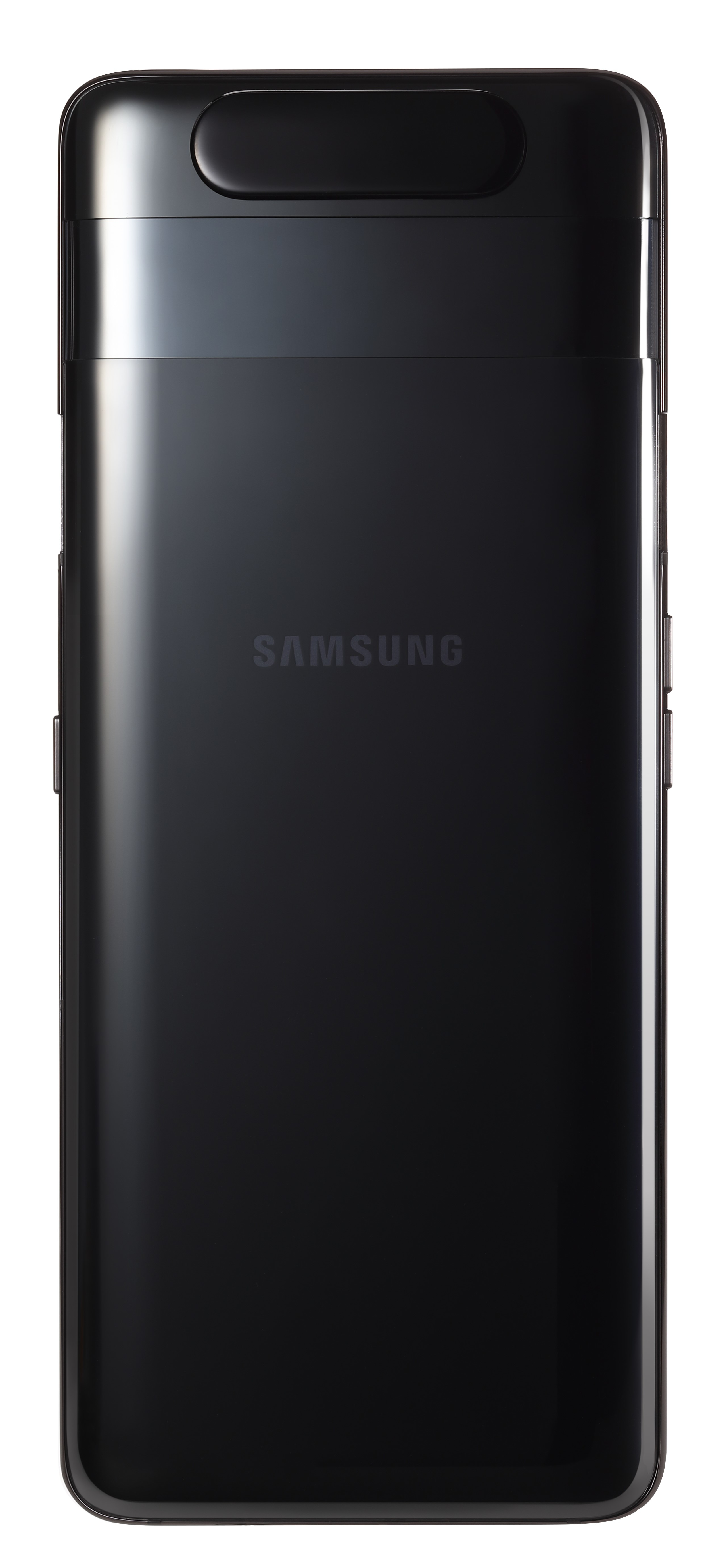 La parte trasera de un teléfono Samsung negro, con el logo de Samsung. Diseño alargado y elegante.
