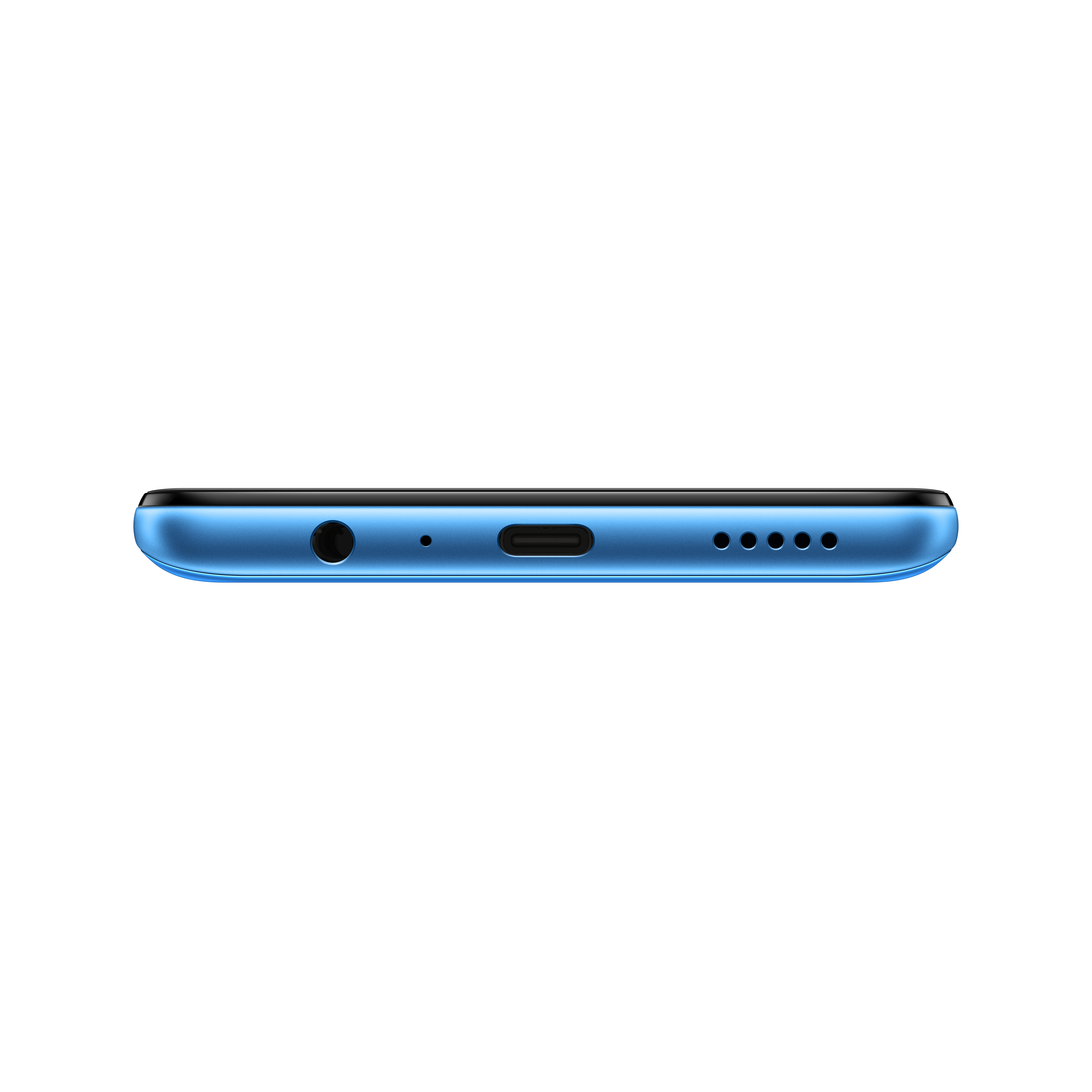 Vista inferior de un teléfono azul. Tiene un puerto, un orificio para el micrófono y orificios para altavoces.