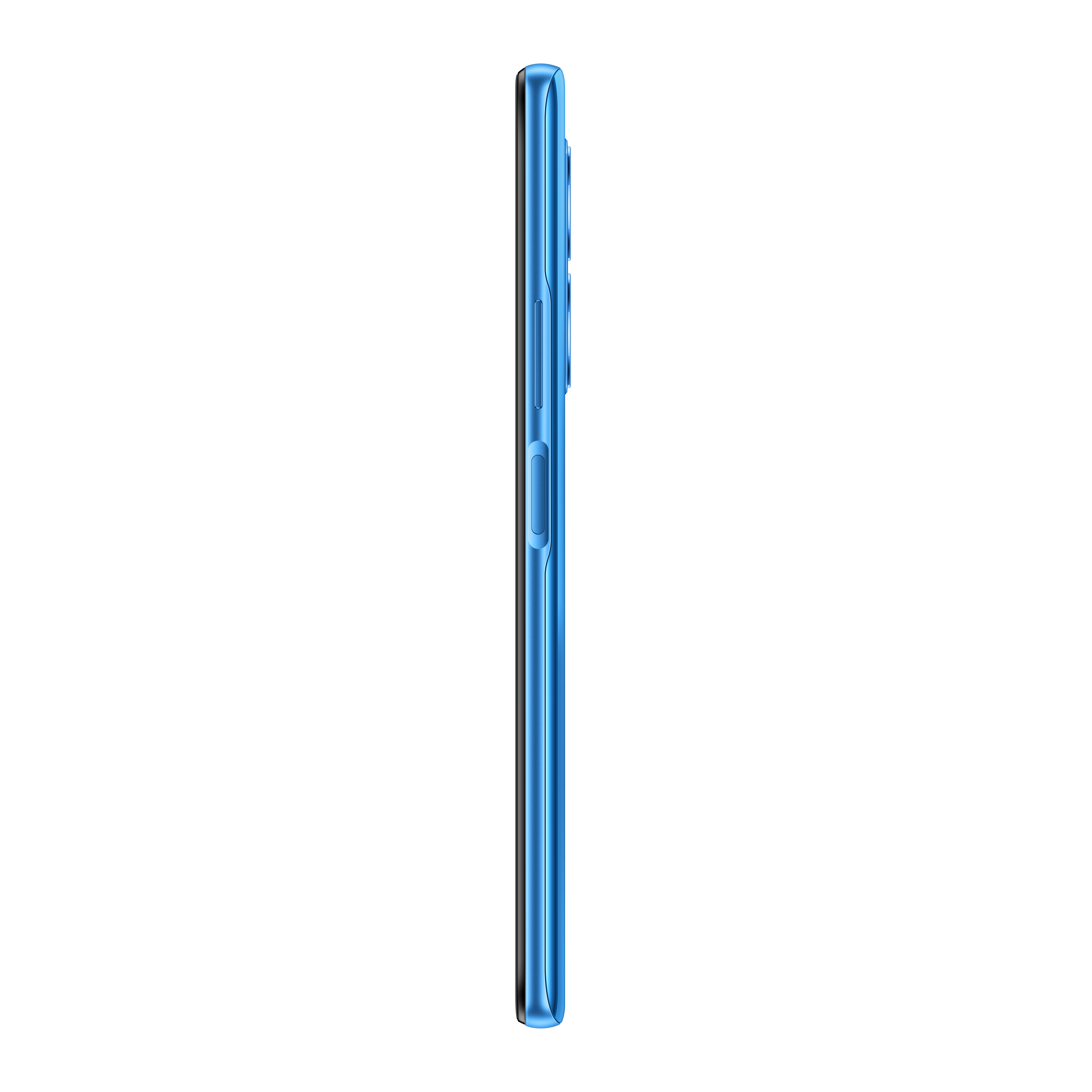 Vista lateral de smartphone azul, mostrando botones y diseño delgado sobre fondo blanco.